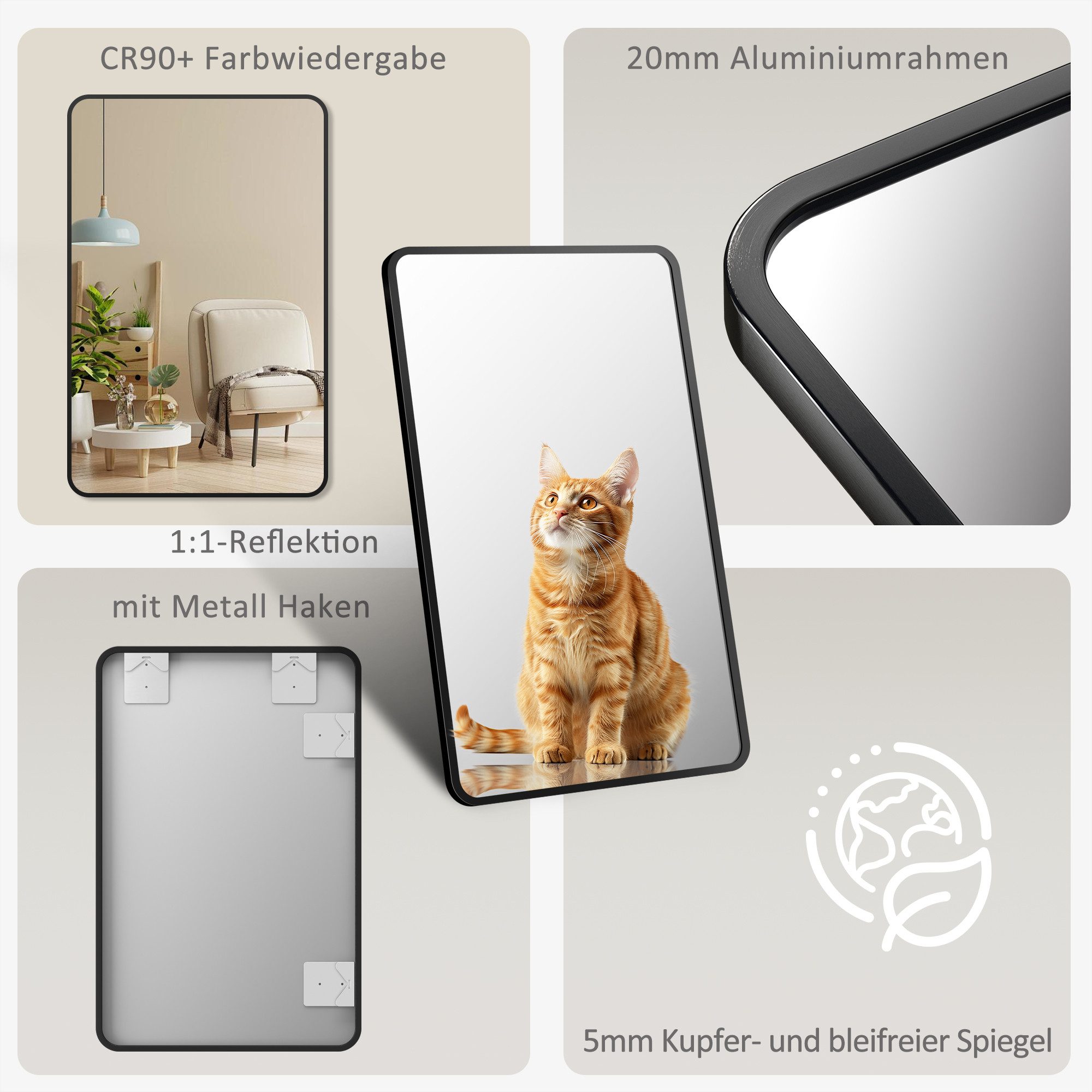 Hopibath Badspiegel mit Alurahmen Wandspiegel Schwarz (Rechteckig, 120x70,100x70,100x60,80x60,70x50,60x40cm), 5mm Glas, Umweltschutz, Explosionsgeschutz