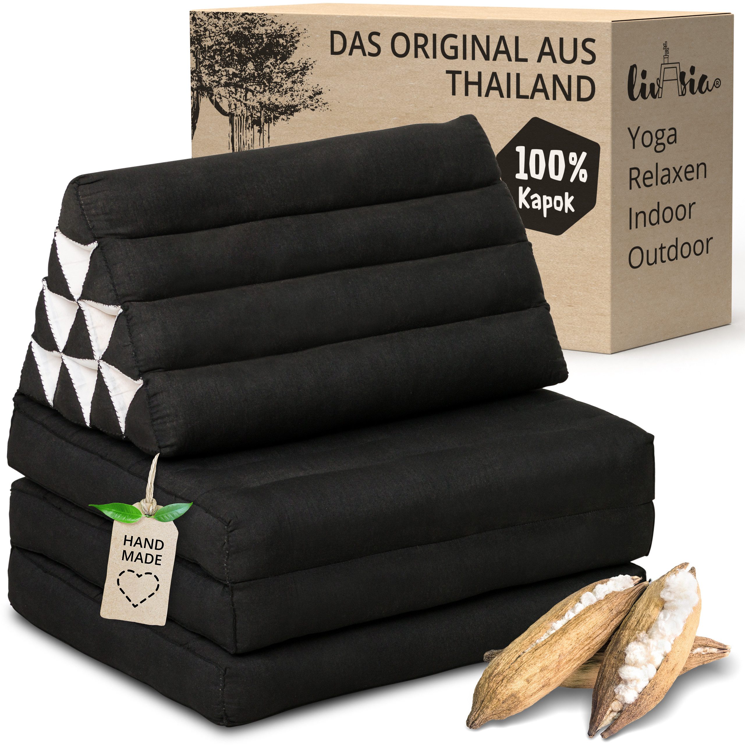 livasia Sitzsack Thaikissen 3 Auflagen (Basic) vegan und handgefertigt, 175x50x8cm, Kapok