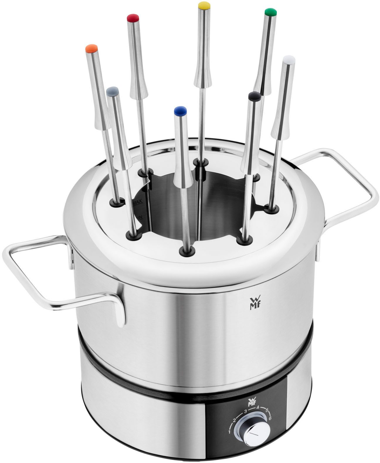 WMF Elektro-Fondue LONO, mit Spritzschutzring, farblich markierte Fondue-Gabeln, 8 Fonduegabeln, 1,2 l, spülmaschinengeeignete Teile, LED-Ring, auch zum Warmhalten verwendbar