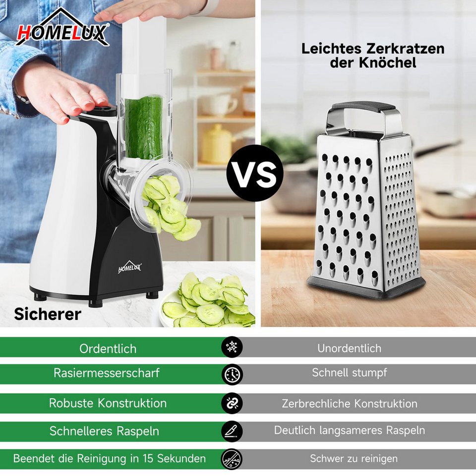 HOMELUX Gemüsehobel Gemüseschneider 5-in-1 Multifunktions 200W Elektrisch Trommelreibe, (5-St), Krauthobel