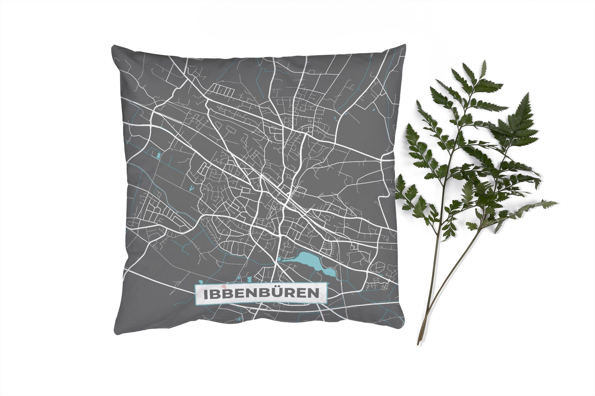 MuchoWow Dekokissen Stadtplan - Karte - Deutschland - Blau - Ibbenbüren - Karte, Zierkissen mit Füllung für Wohzimmer, Schlafzimmer, Deko, Sofakissen