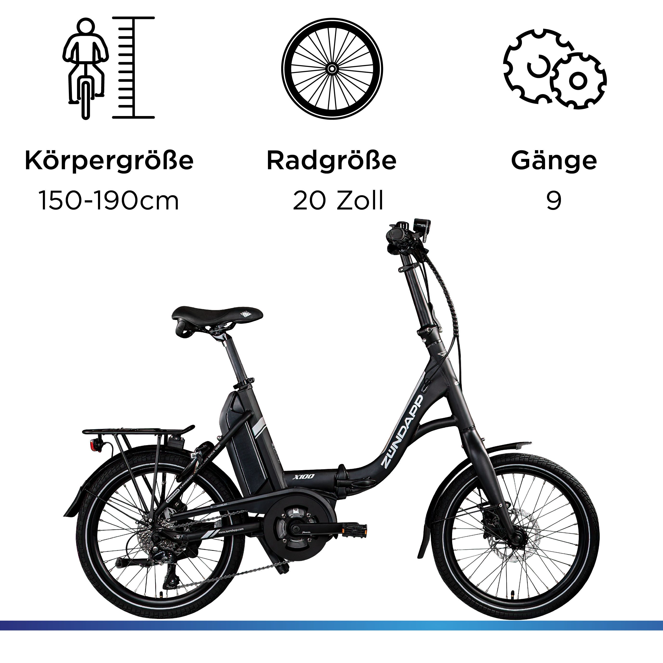 Zündapp E-Bike Folding Bike X100, 9-speed Shimano Sora derailleur, mid-drive motor, 400 Wh battery, pedelec, electric bicycle for men and women