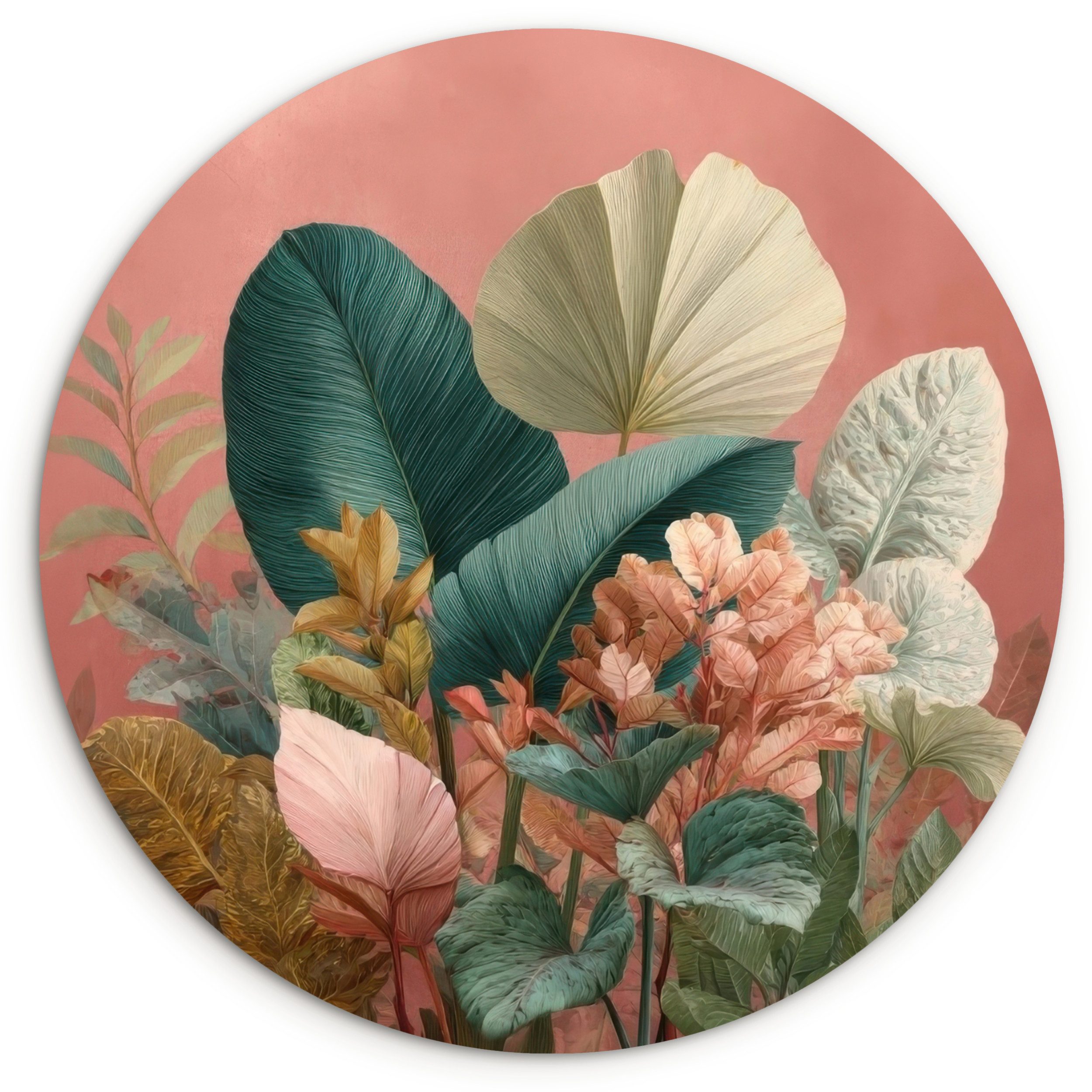 MuchoWow Gemälde Tropische Blätter - Blumen - Rosa - Grün, Fotodruck (1 St), Kreis Wanddekoration, Rundes Wandbild, 30x30 cm