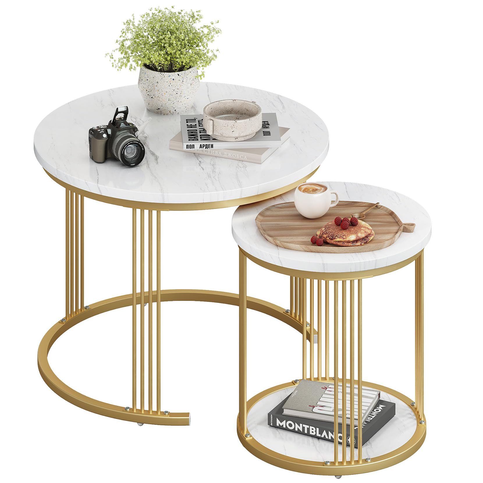 Dripex Couchtisch Couchtisch Set 2er rund, Marmor-Metall, Nesting mit Stauraum, Weiß