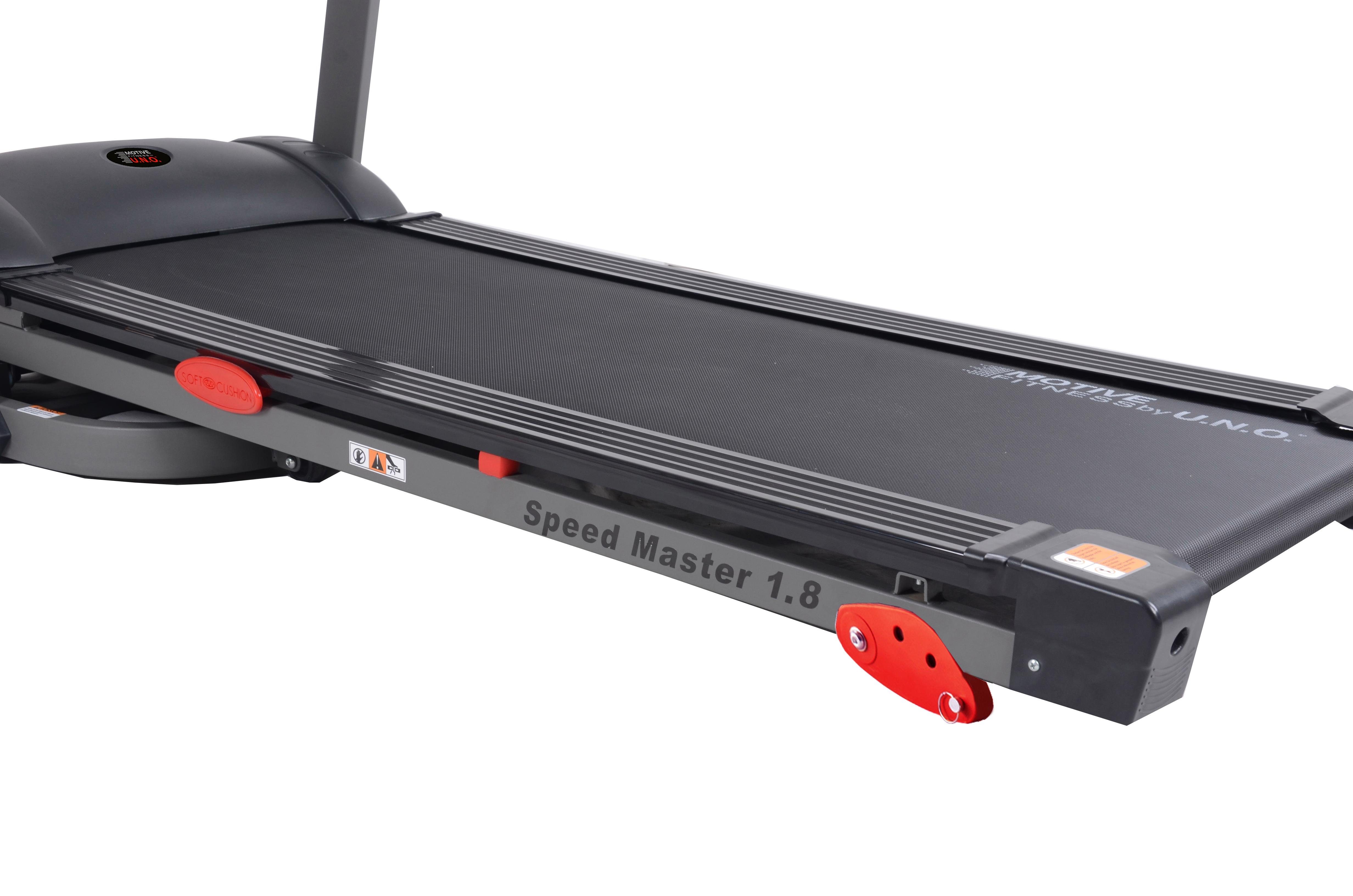 MOTIVE FITNESS by U.N.O. Laufband Speed Master 1.8 M (mit/ohne Unterlegmatte) (Soft-Drop-Klappmechanismus), bis max. 18 km/h, klappbar, mit Steigung, 120 kg max. Benutzergewicht