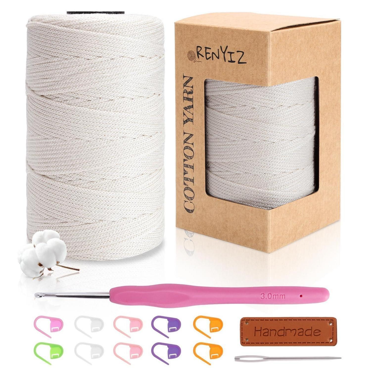 LuxusKollektion Makramee Garn Baumwolle 2.5mm 210m Beige mit Nadel Häkelwolle