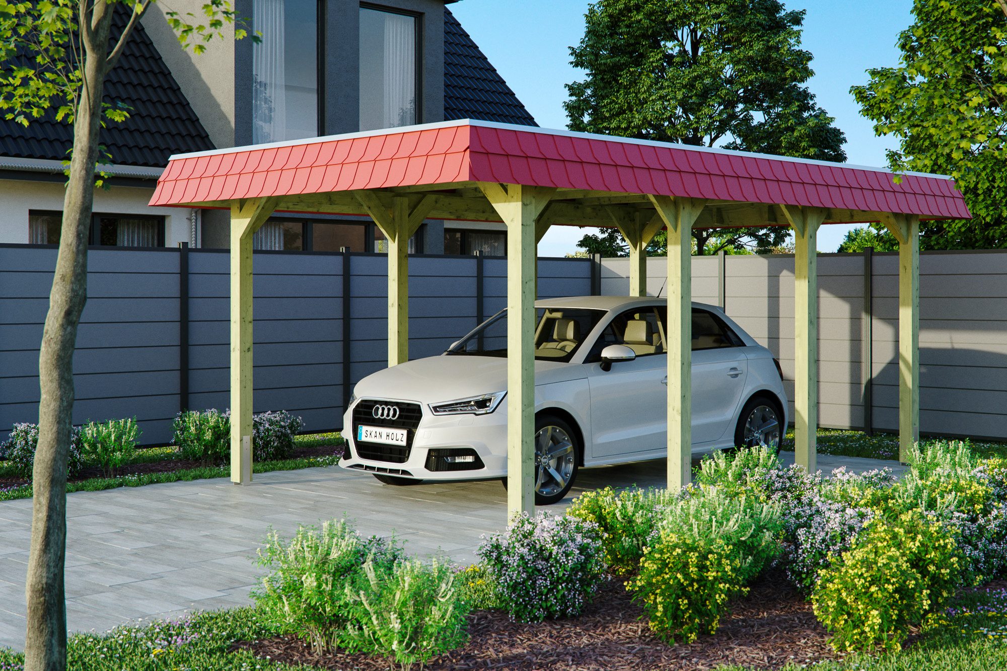 Thumbnail - Skanholz Einzelcarport Spreewald, BxT: 345x589 cm, 206 cm Einfahrtshöhe, mit Aluminiumdach, rote Blende