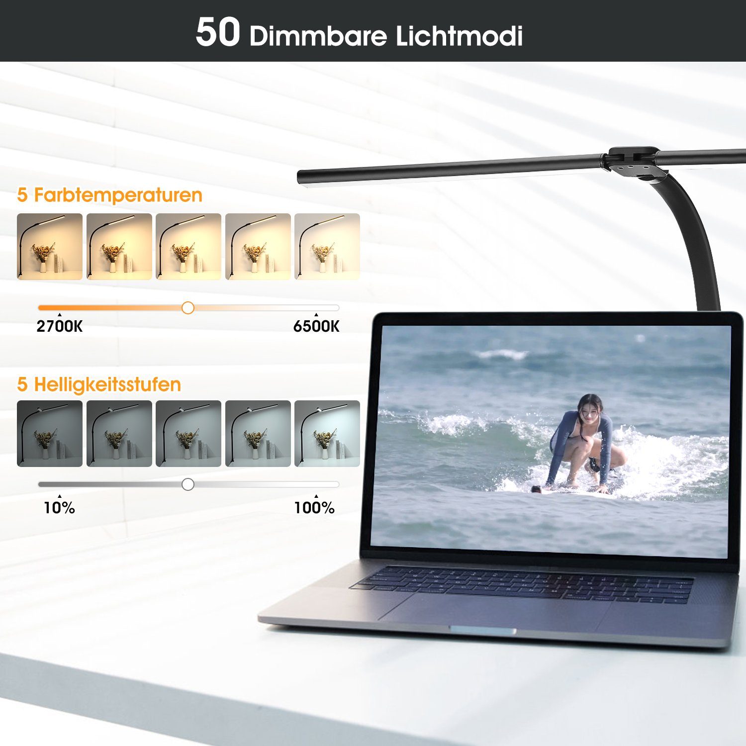 LETGOSPT Schreibtischlampe 24W Doppelkopf LED Schreibtischlampe, günstig online kaufen