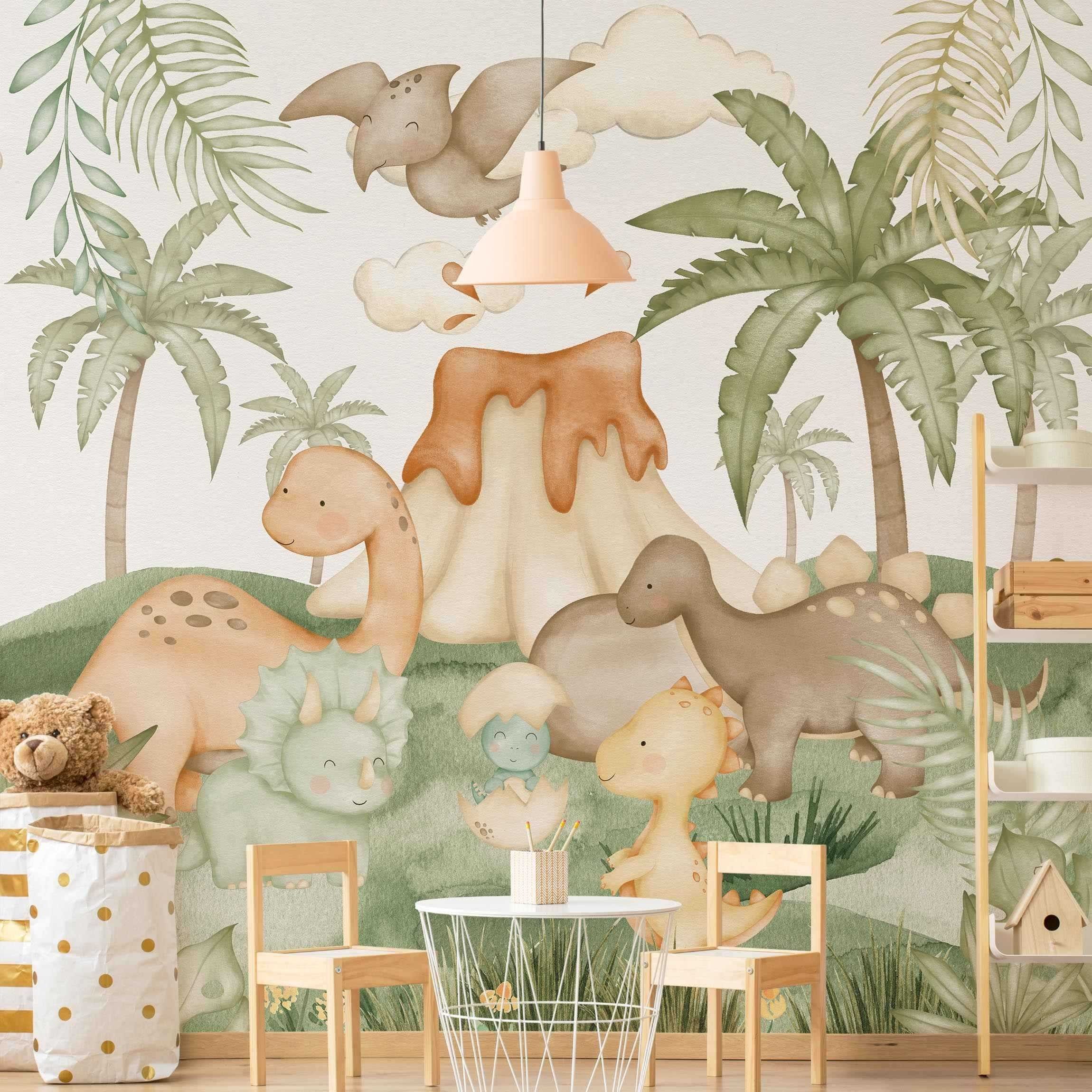 Bilderdepot24 Kindertapete Dino Baby Welt Tiere Kinderzimmer Palme, Glatt, Matt, (Vliestapete inkl. Kleister oder selbstklebend), Mädchenzimmer Jungenzimmer Babyzimmer Bildtapete Fototapete Wandtapete