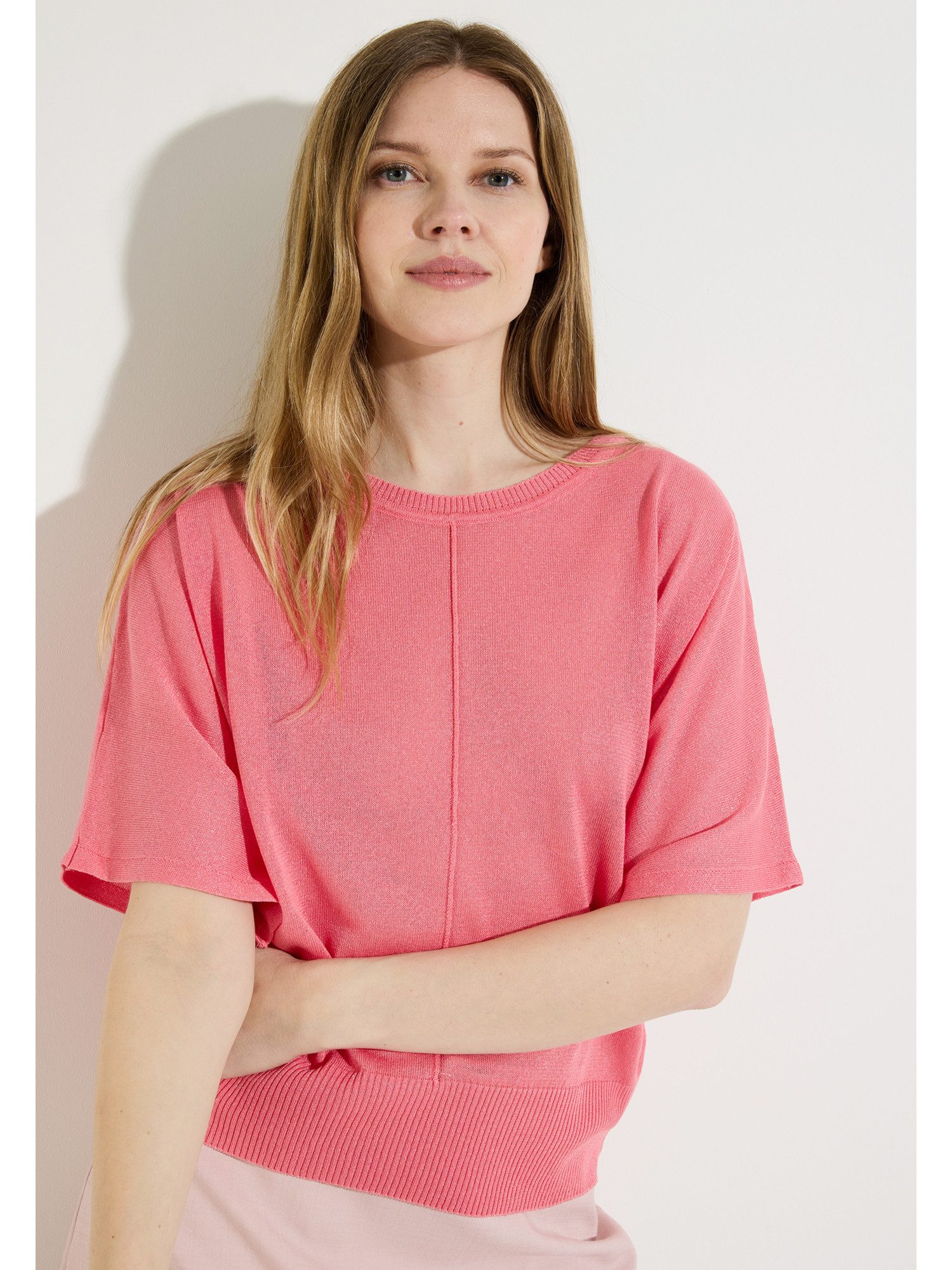 MORE&MORE Strickpullover dezent glänzender Kurzarmpullover