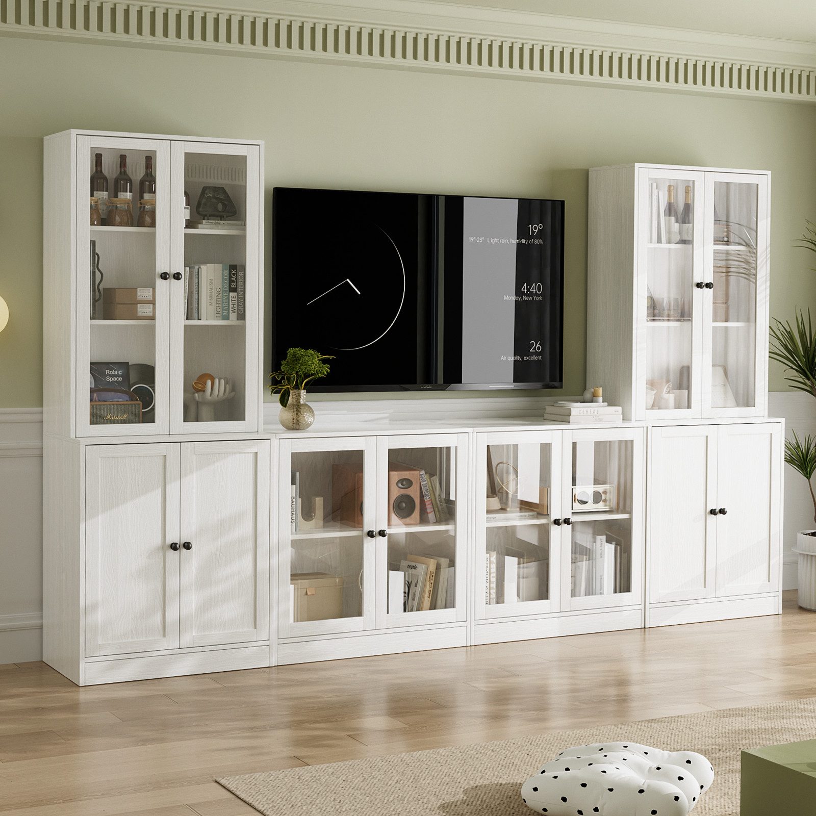 VOWNER TV-Schrank mit Bücherregalen für Fernseher bis zu 70 Zoll, 280 cm TV-Ständer (4-St) Wohnzimmer-Fernsehschrank mit gehärteten Glastüren und Einlegeböden