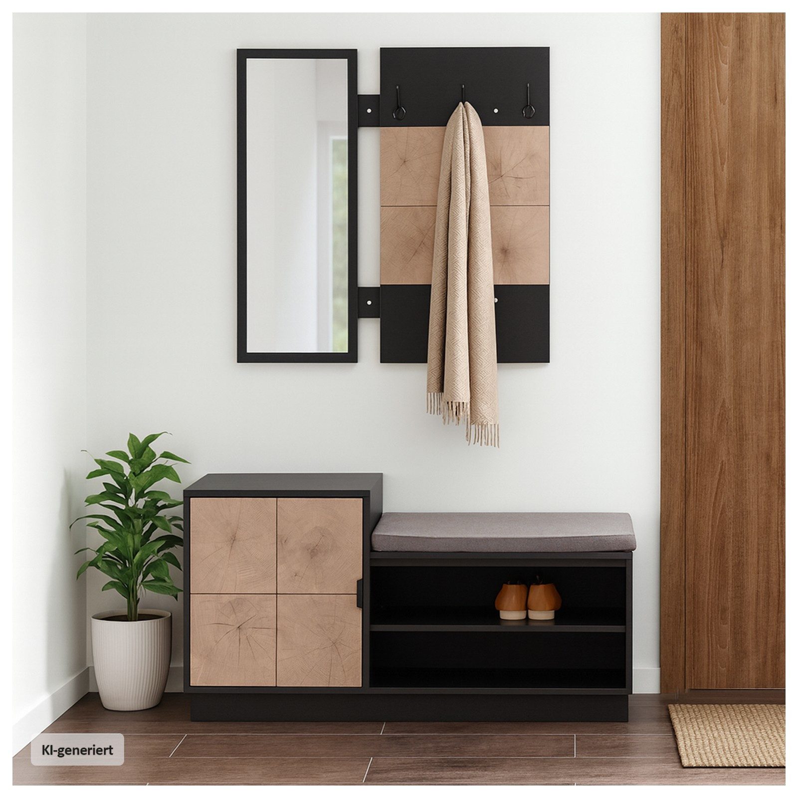 HTI-Living Garderobe Garderobenpaneel mit Spiegel und Schuhbank (Set, 2 St., 1 Garderobenpaneel mit Spiegel, 1 Schuhbank), Set Wandgarderobe und Schuhregal mit Sitzkissen
