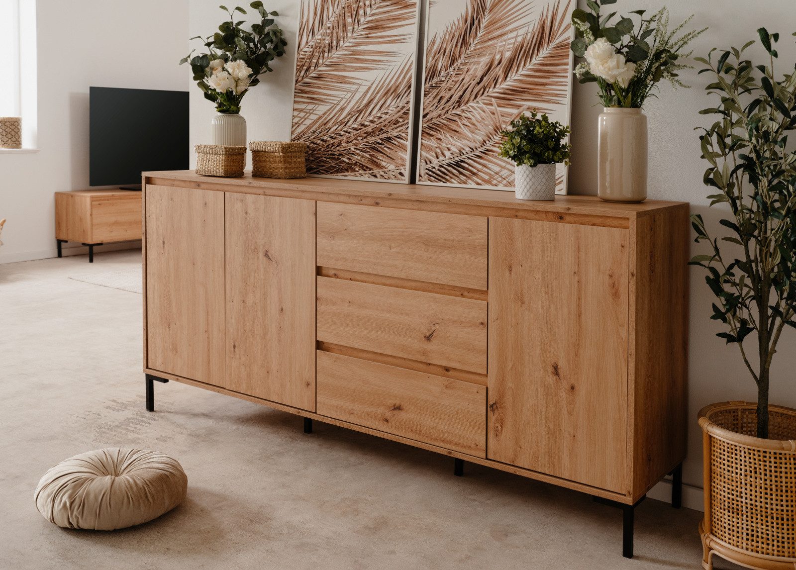 Furn.Design Sideboard Bastia (Kommode in Eiche Artisan, 3-türig, 3 Schubladen, 170 x 87 cm), mit viel Stauraum