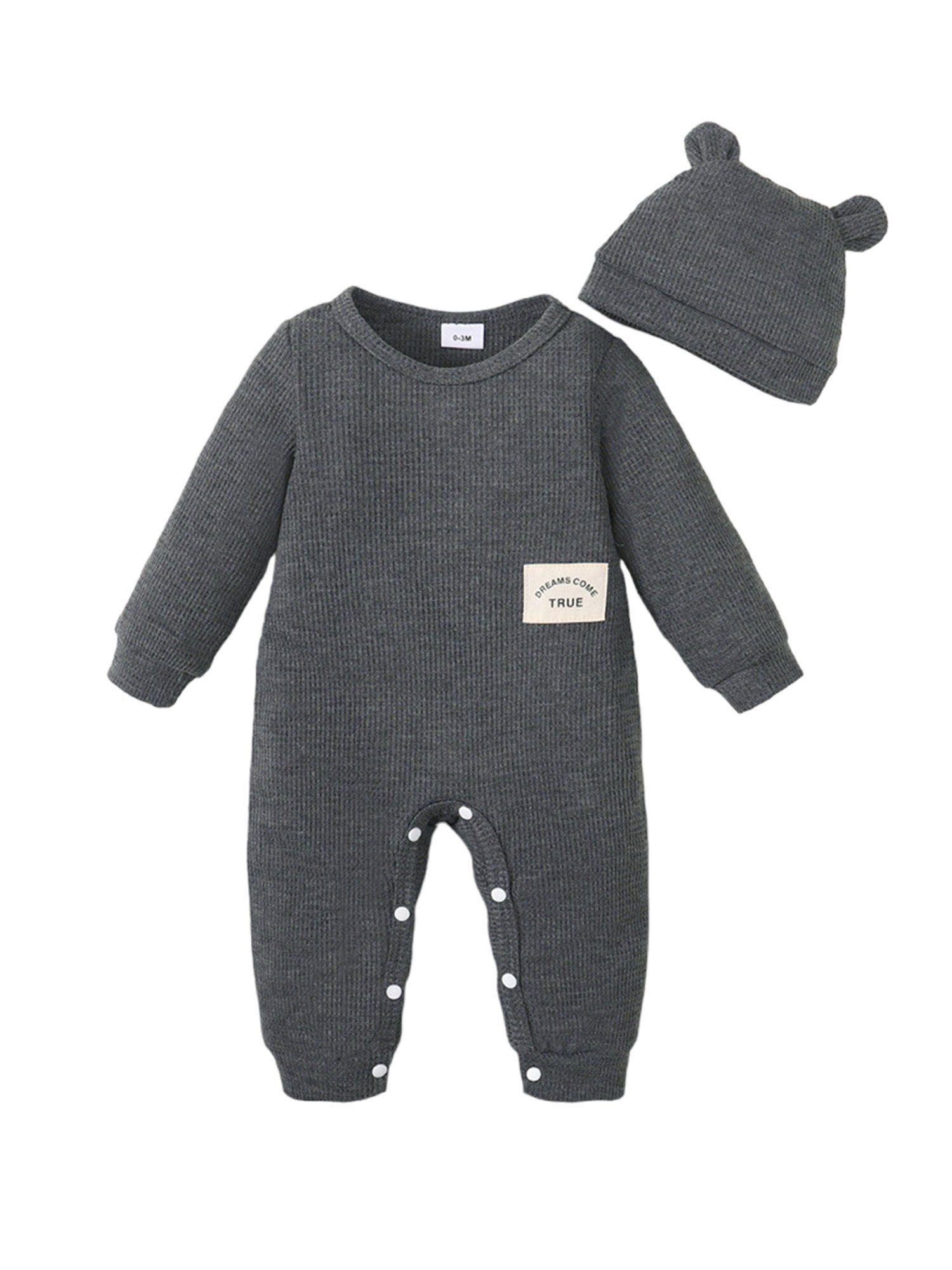 Lapastyle Strampler Unisex Baby Einfarbiger Strampler mit langen Ärmeln, mit Hut Waffelstoff, atmungsaktiv, Lässiger Alltagsanzug Grau