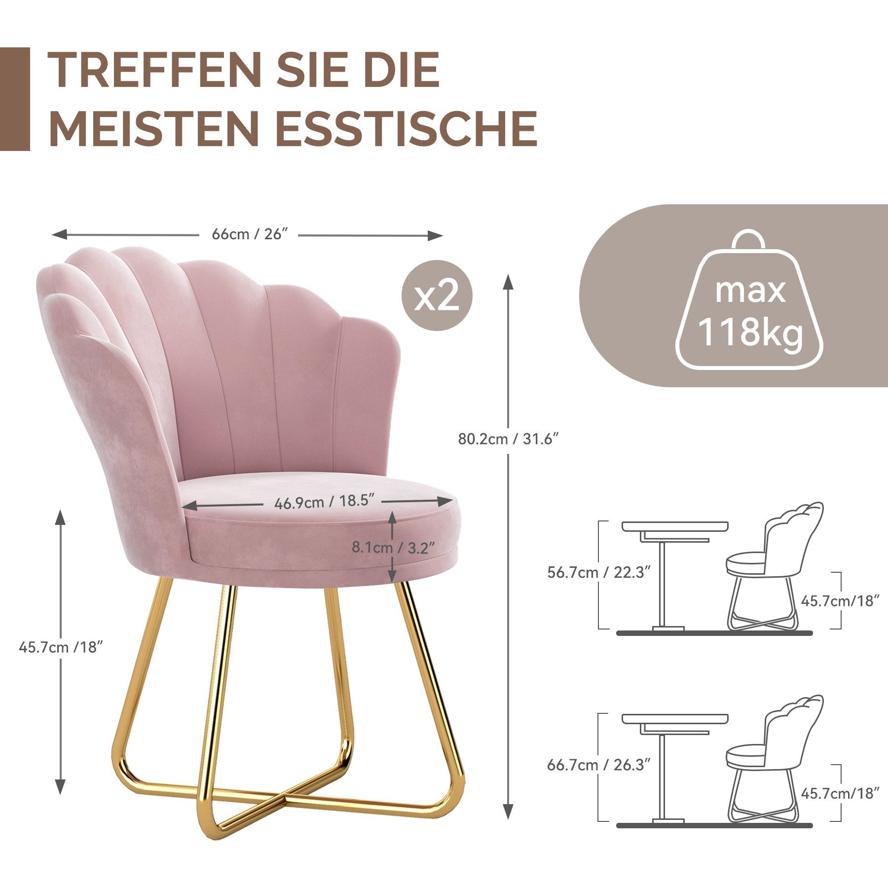 HawthyHome Polsterstuhl Polstersessel mit Blütenblatt-Rückenlehne & Goldene Metallbeine (1 St), ideal für Esszimmer & Schminktisch