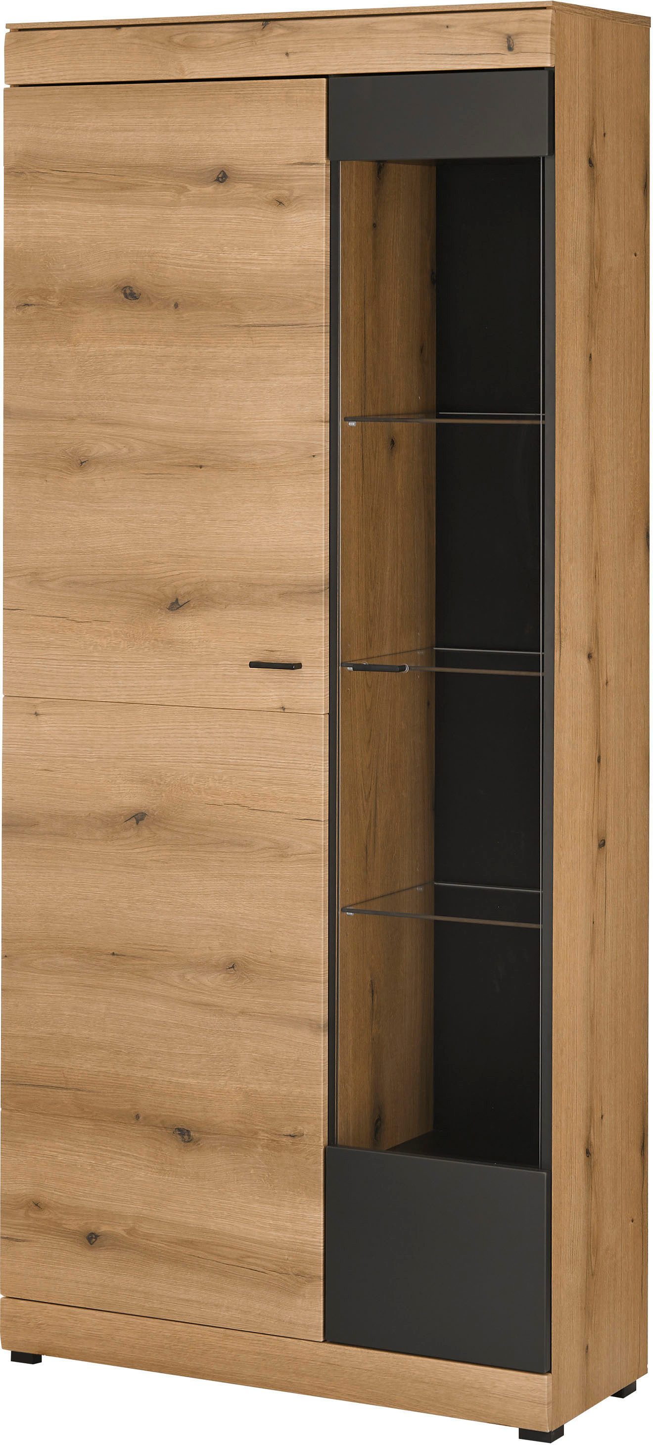 Home affaire Vitrine Soleto, Vitrinenschrank in Evoke Eiche, moderne Glasvitrine ausreichend Stauraum, schwarze Griffe aus Metall, zeitlos