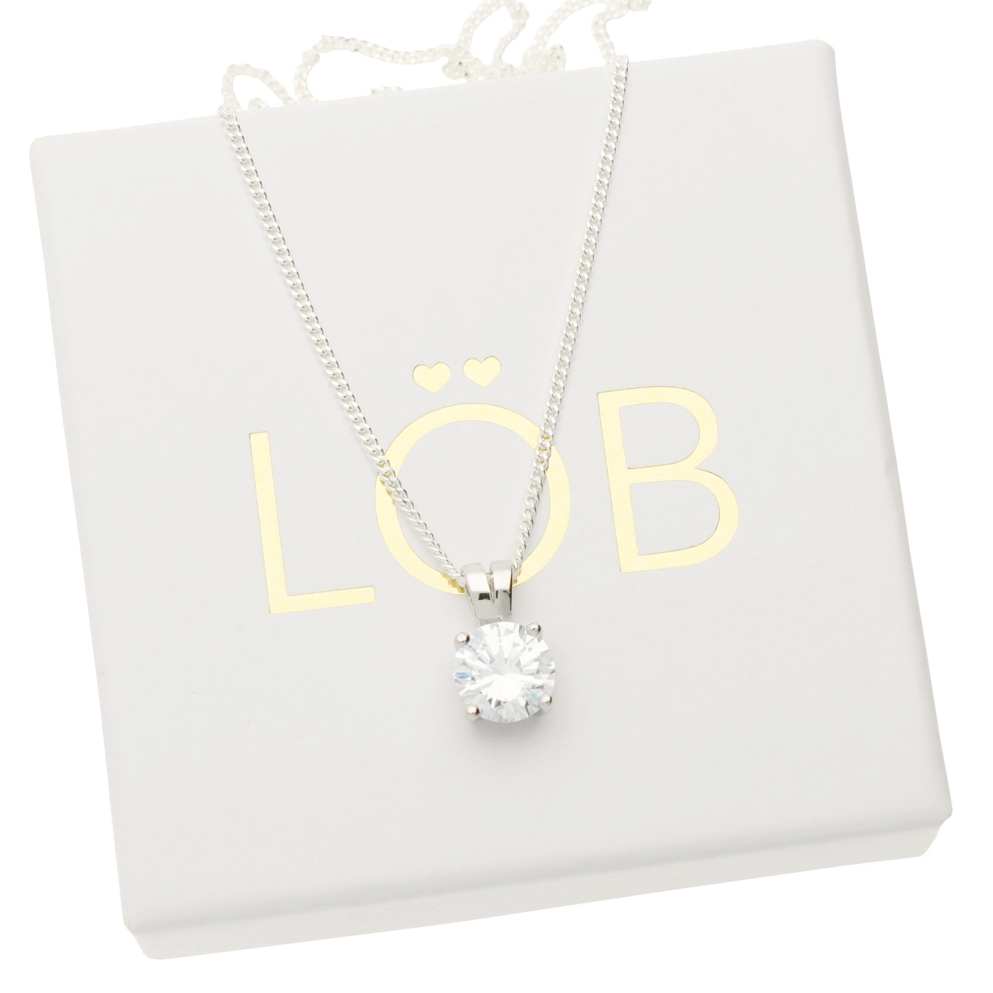 LÖB Kette mit Anhänger Damen 925 Silber Halskette mit einem Solitär Stein Anhänger Rund Weiß (Geschenke für Frauen Beste Freundin Mutter Mama Damen zum Geburtstag Weihnachten Weihnachtsgeschenke, Inkl. Schmuckbox), Kette Strass Glitzer Zirkonia Steinanhänger Diamant Form Brautschmuck