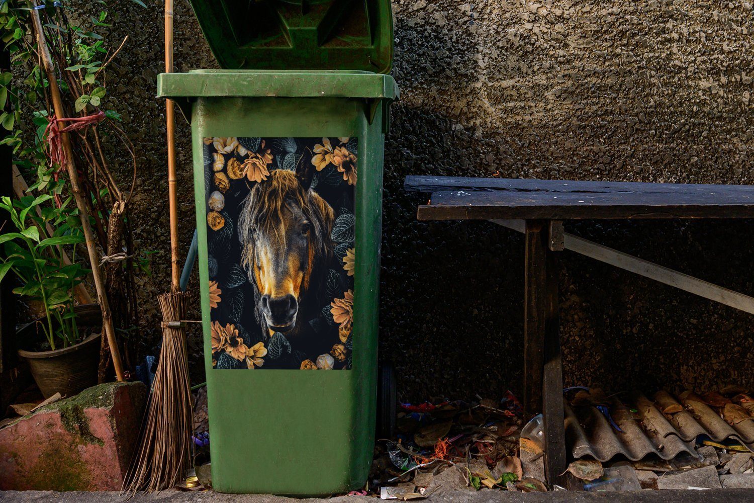 MuchoWow Wandsticker Pferd - Blumen St), Sticker, - Mülleimer-aufkleber, Orange Container, (1 Abfalbehälter Mülltonne
