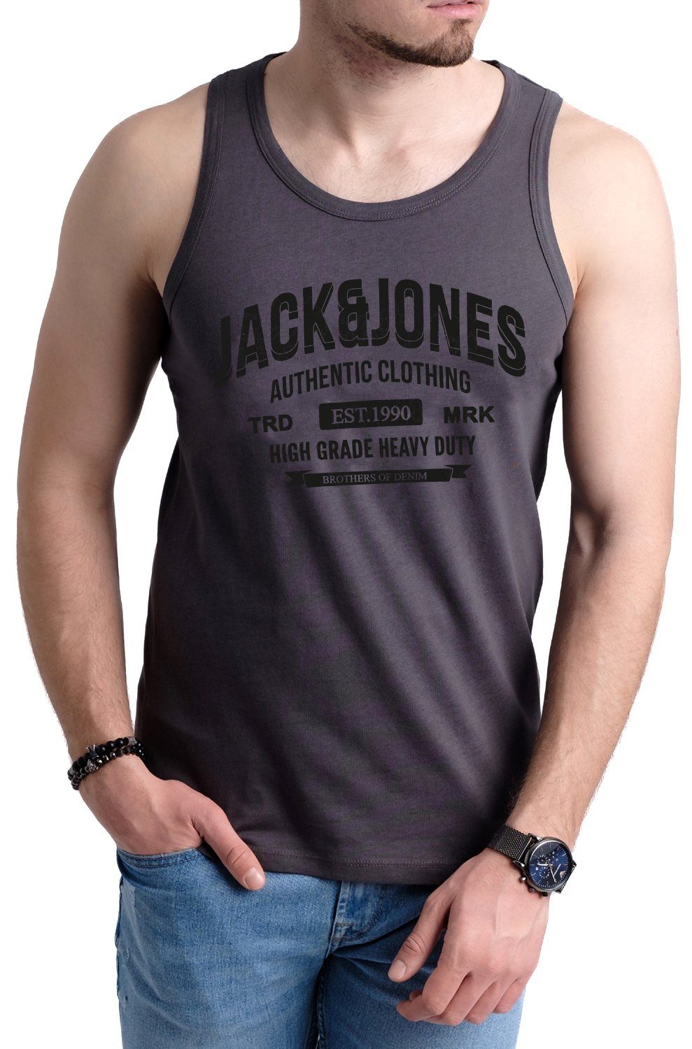 Jack & Jones Rundhalsausschnitt, Print vorne unifarbe, (3er-Pack) mit Tanktop in Asphalt-OPT3 mit