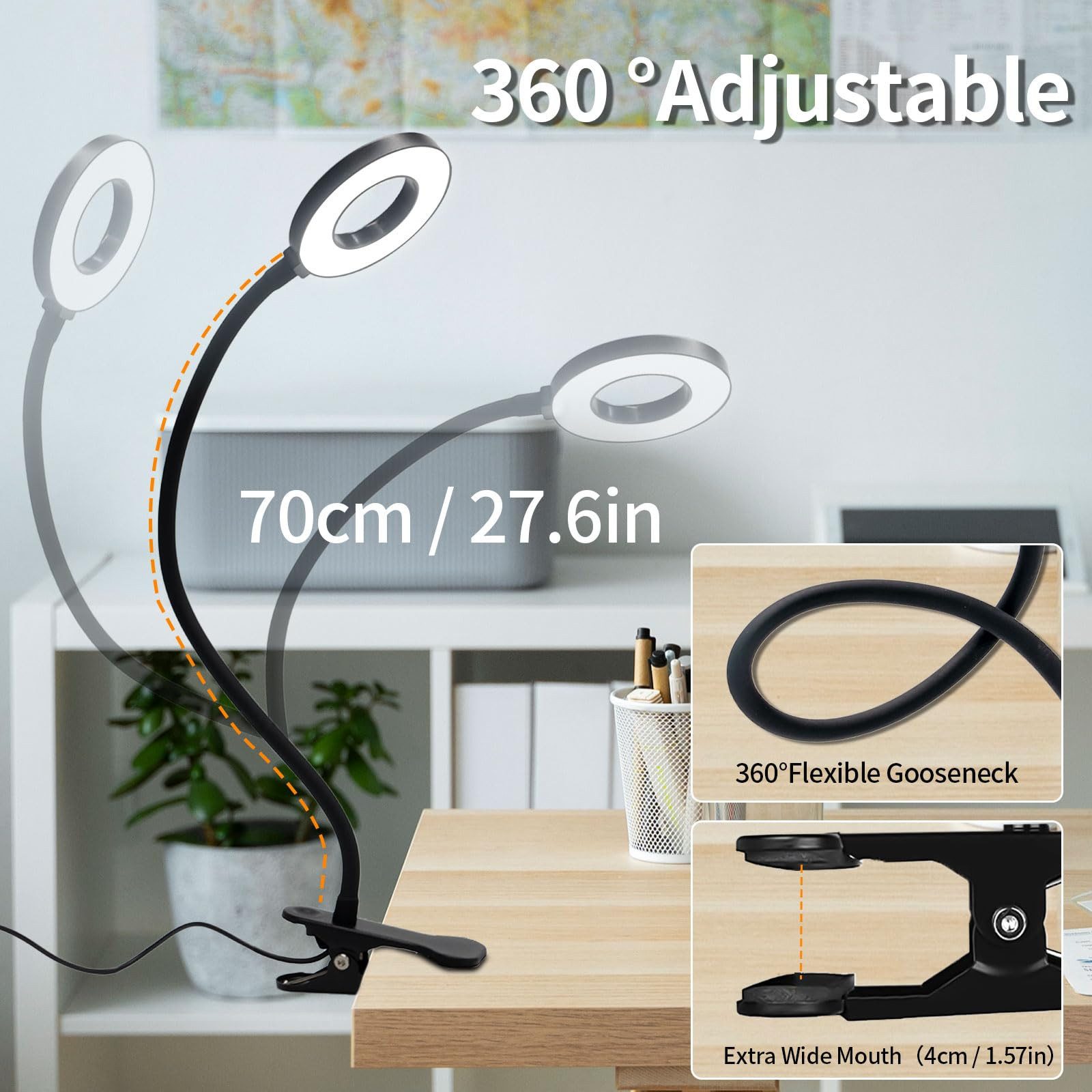 LQWELL LED Klemmleuchte Ringlicht, Clip-On, 3 Farben, dimmbar, emmleuchten Leselampe Buch, LED fest integriert, 3000K Warmweiß, 4500K Naturweiß, 6500K Kaltweiß, flexibler Schwanenhals, USB, Schlafzimmer Deko