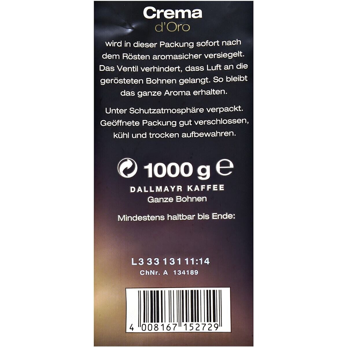 DALLMAYR Kaffee CREMA d'Oro, 1 kg, ganze Bohnen