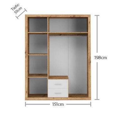 möbelando Kleiderschrank Stern Eleganter Kleiderschrank mit viel Stauraum & Spiegeltür - Vielseitiger Drehtürenschrank in Artisan Eiche Optik & Weiß - 151 x 198 x 55 cm (B/H/T)