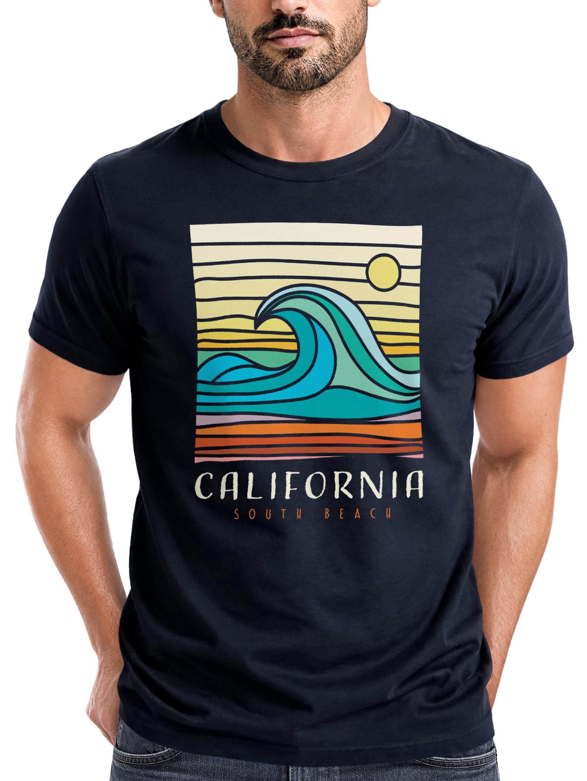 Print-Shirt Herren T-Shirt California South Beach Welle Wave Surfing Print