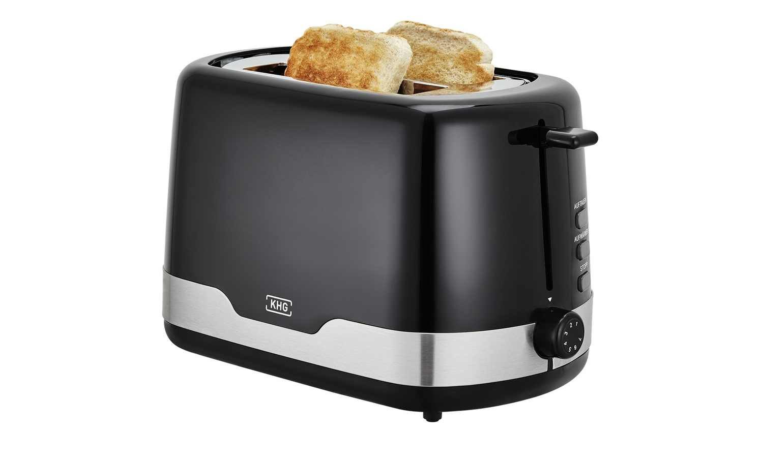 KHG Toaster Schwarz, Auftau- und Aufwärmfunktion, 7 stufenlose Bräunungsstufen, 2 kurze Schlitze, für 2 Scheiben, 850 W, Edelstahl, Brötchenaufsatz, Krümelschublade