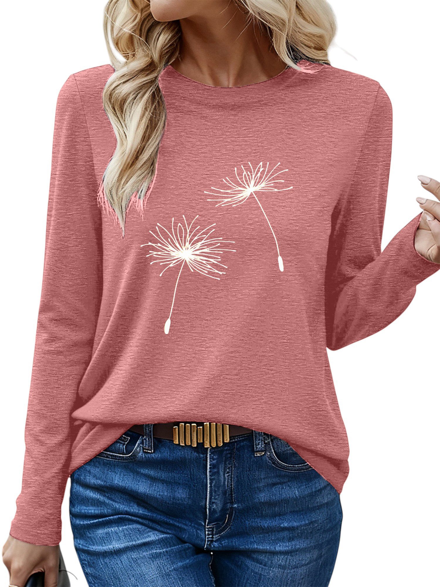 Longsleeve Damen bequemes Winter Longsleeve Shirt Lockere Tops mit Löwenzahn