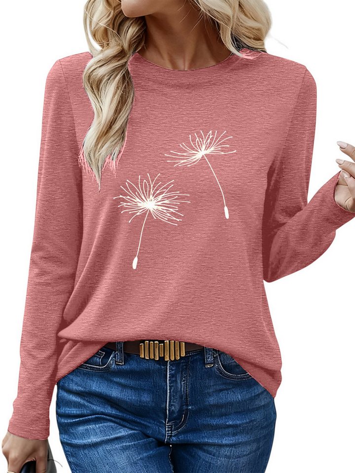 PYLIKE Longsleeve Damen bequemes Winter Longsleeve Shirt Lockere Tops mit Löwenzahn Geeignet für den täglichen Gebrauch im Büro und zu Hause