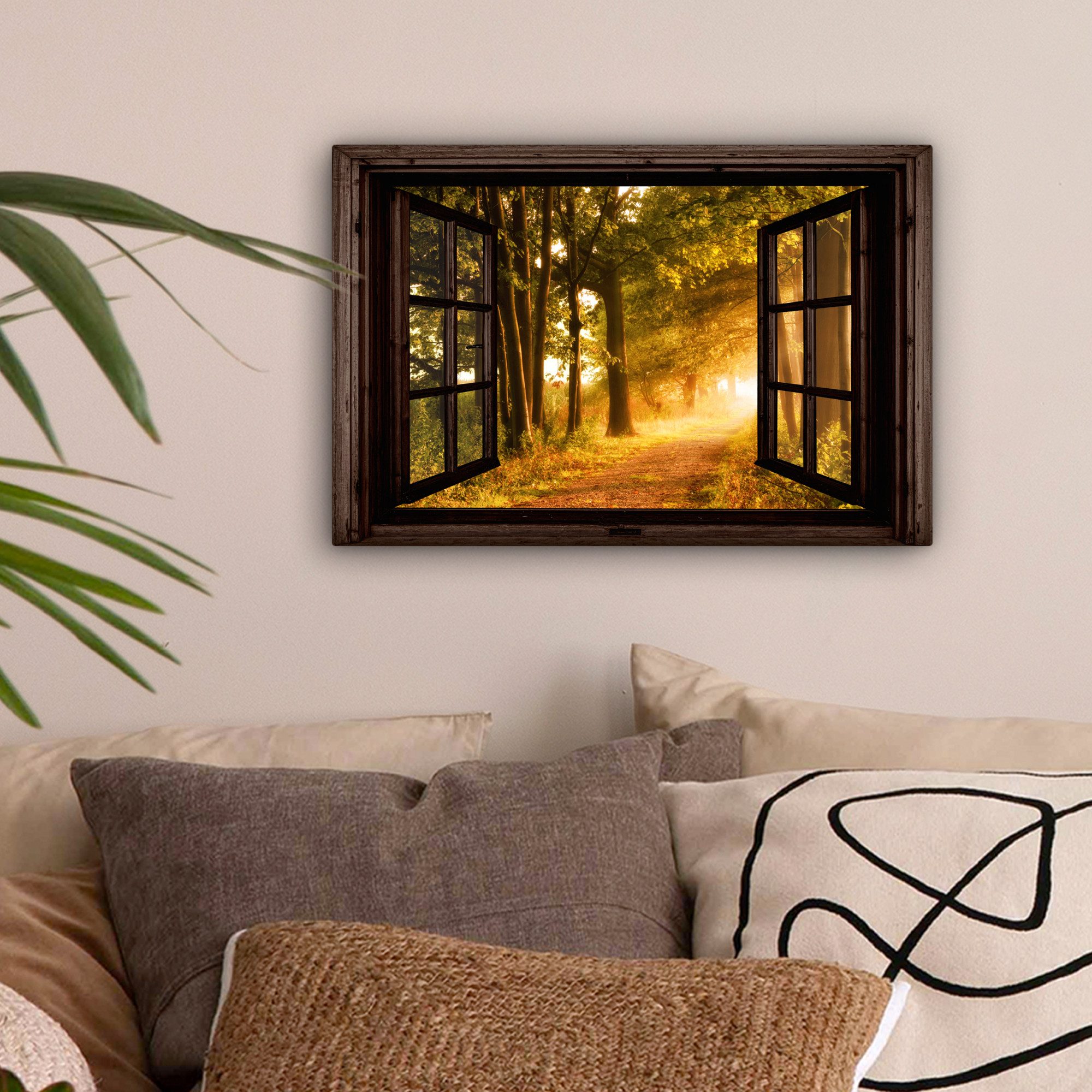 OneMillionCanvasses® Leinwandbild Wald - Bäume - Sonnenlicht - Herbst - Weg günstig online kaufen