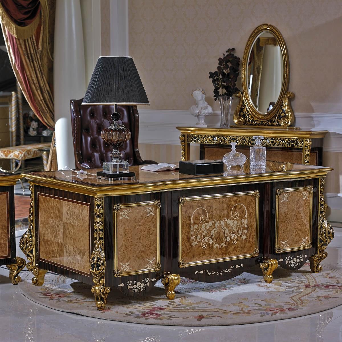 Xlmoebel Schreibtisch Klassischer Chefschreibtisch Barockstil Holz Goldfarben Sofort (1-St), Hergestellt In Europa