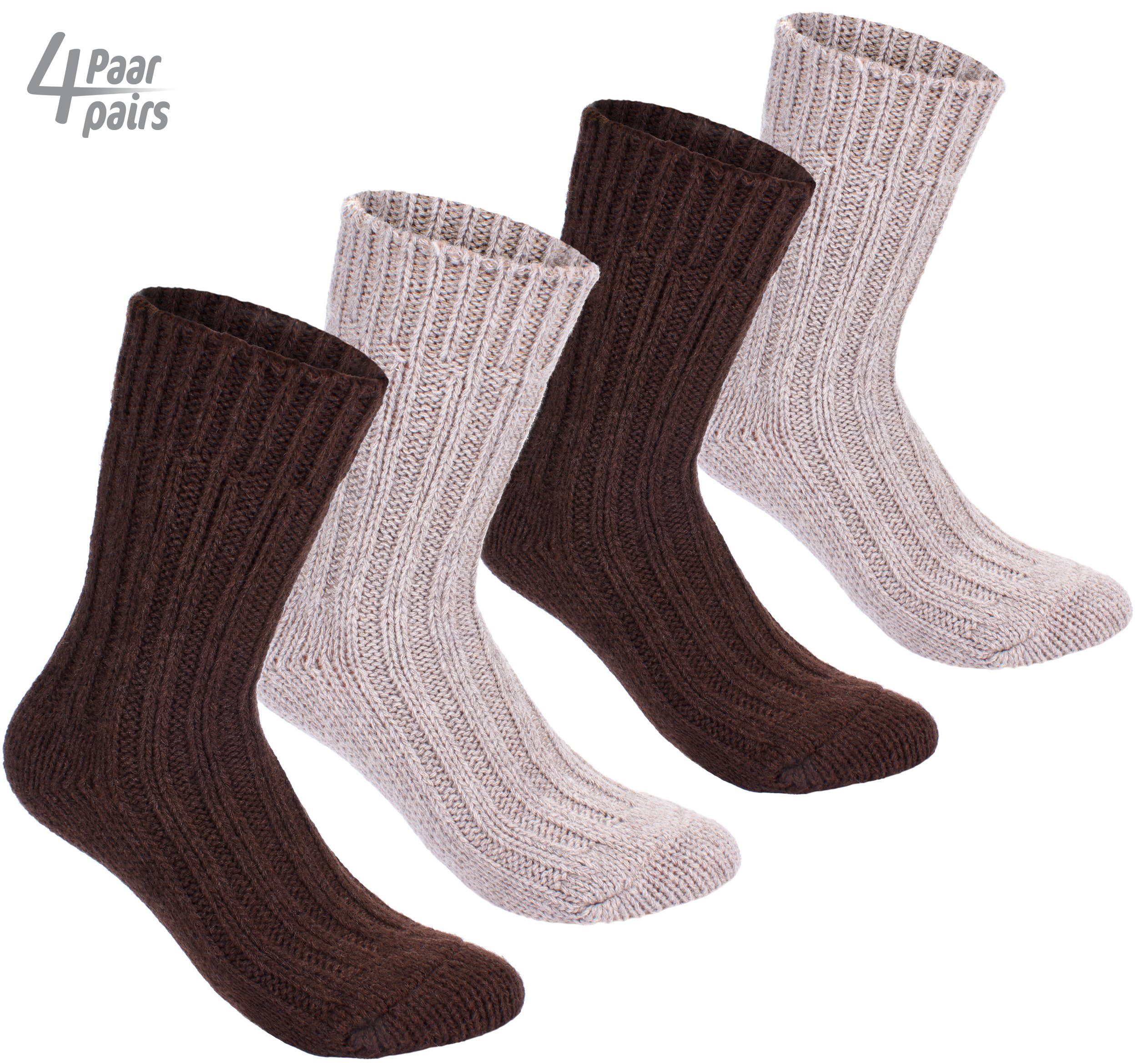 BRUBAKER Kuschelsocken (4-Paar, Damen Anteil) Kaschmir-Socken Grobstrick für Cashmere Herren warme 40% Braun 48% Schafswolle und Wintersocken und