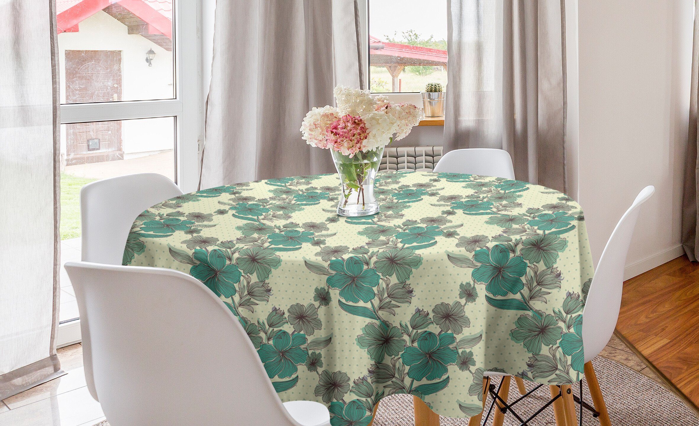 Abakuhaus Tischdecke Kreis Tischdecke Abdeckung für Esszimmer Küche Dekoration, Jahrgang Schraffierte Blumen Tupfen