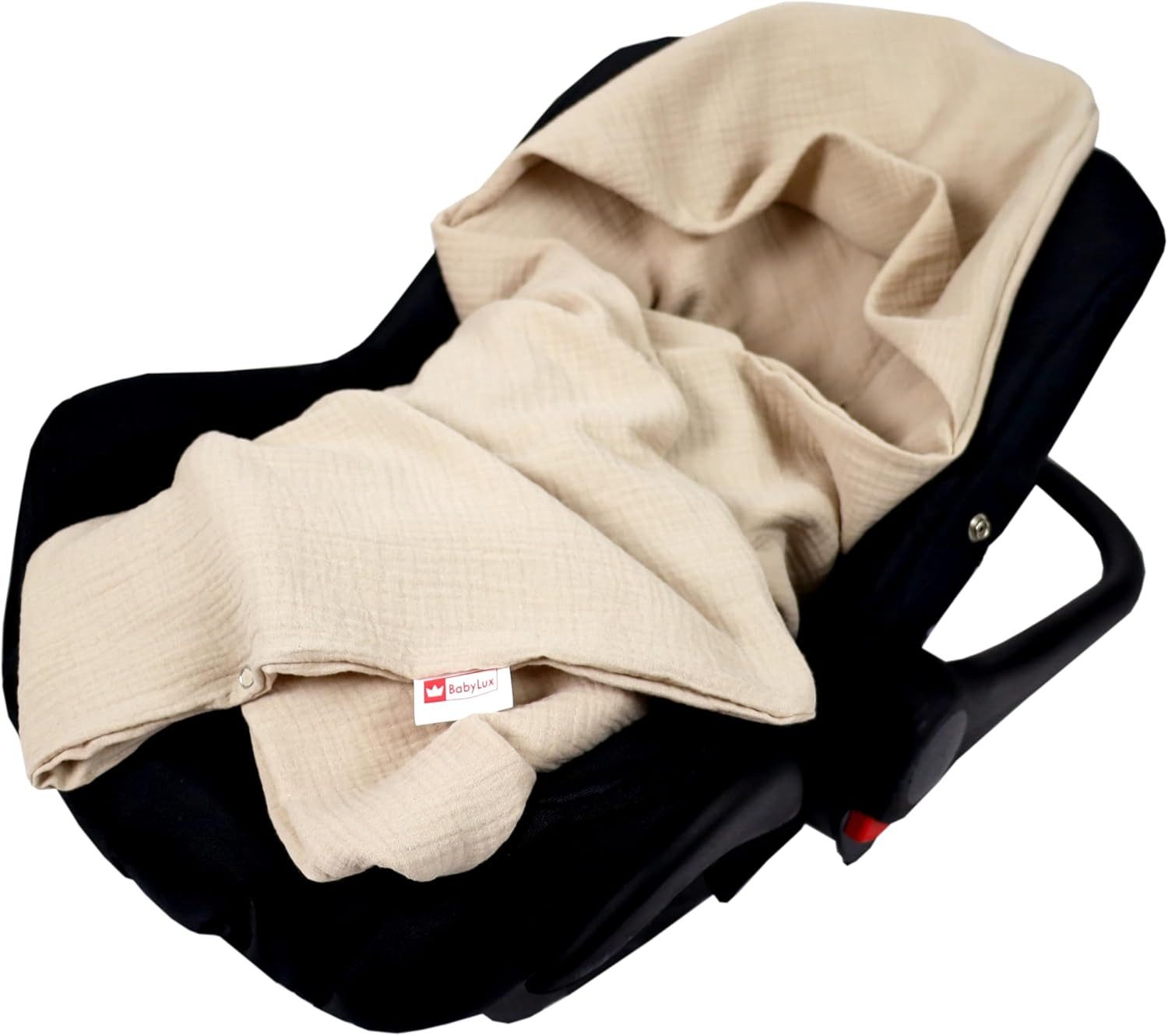BabyLux Babyschale Einschlagdecke mit Kapuze 90x90 cm Musselin Baumwolle für Autositz, Beige_90x90