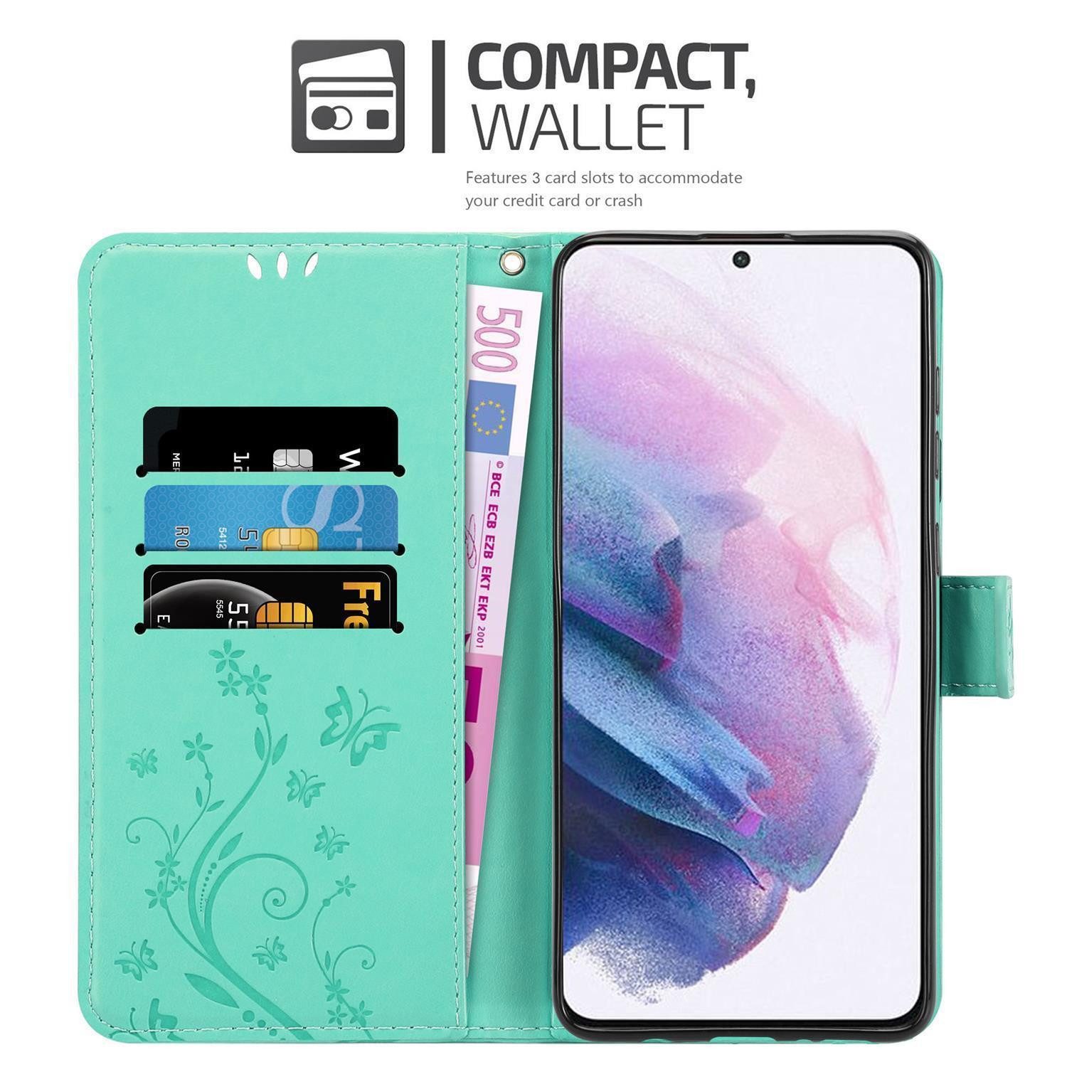 Cadorabo Handyhülle für Samsung Galaxy S21 PLUS Hülle Samsung Galaxy S21 PLUS, Hülle Schutzhülle Blumen Flower mit Standfunktion Kartenfach Magnet