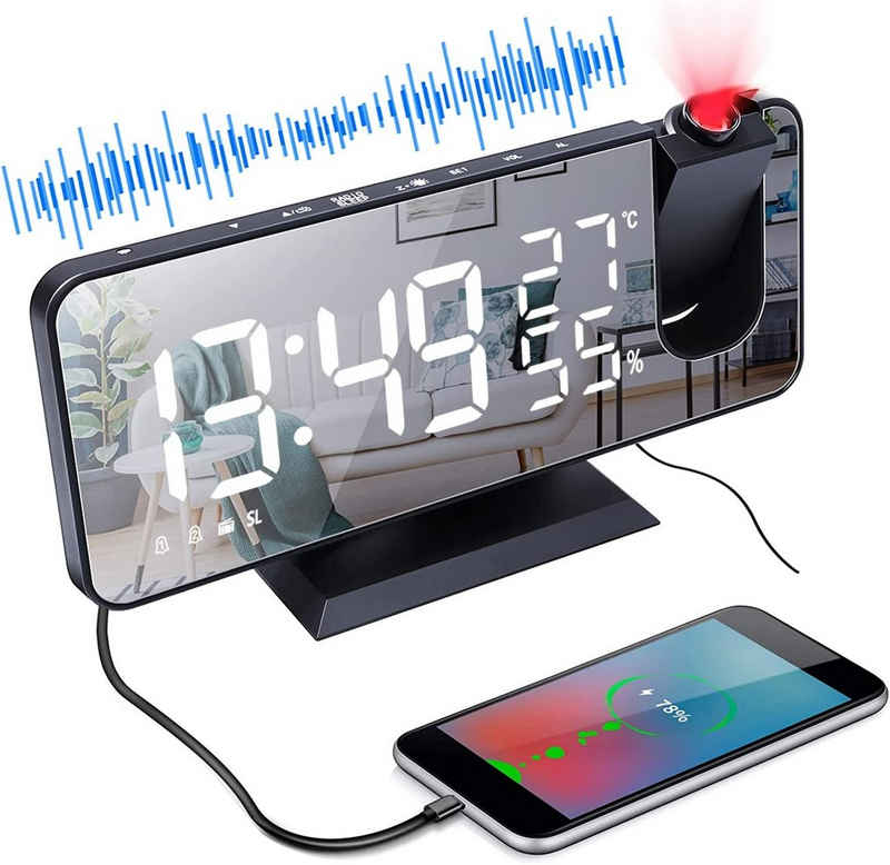 Aoucheni Funk-Radiowecker Projektionswecker, Digital Wecker mit Projektion 180° & USB-Anschluss Schlummerfunktion und 4 Display- Helligkeitsstufen