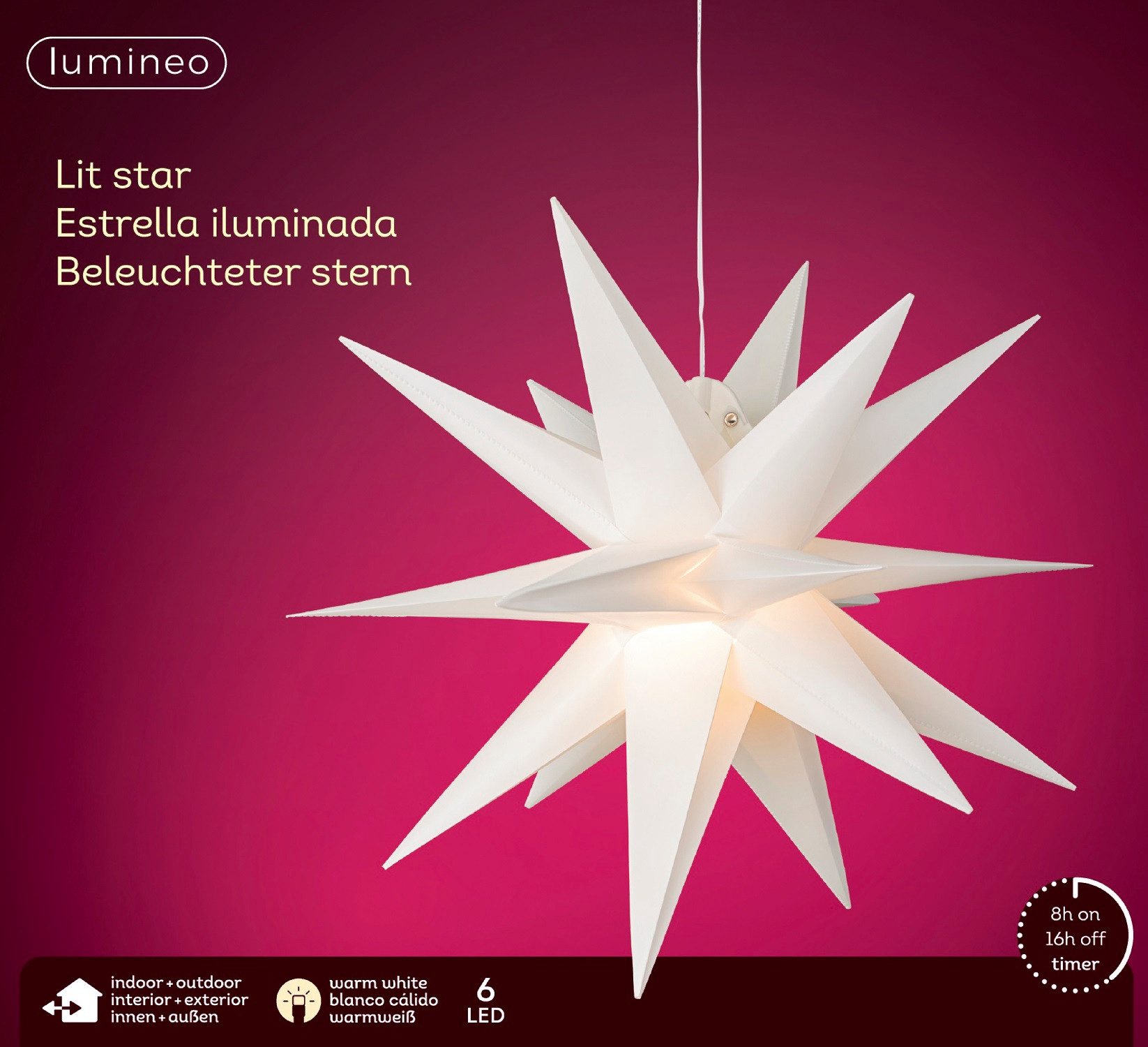Lumineo LED Stern LED Leuchtstern zum Aufhängen, 40 cm, warm weiß, Warmweiß, 8h-Timer, Indoor/Outdoor, IP-44, 7 m Zuleitung