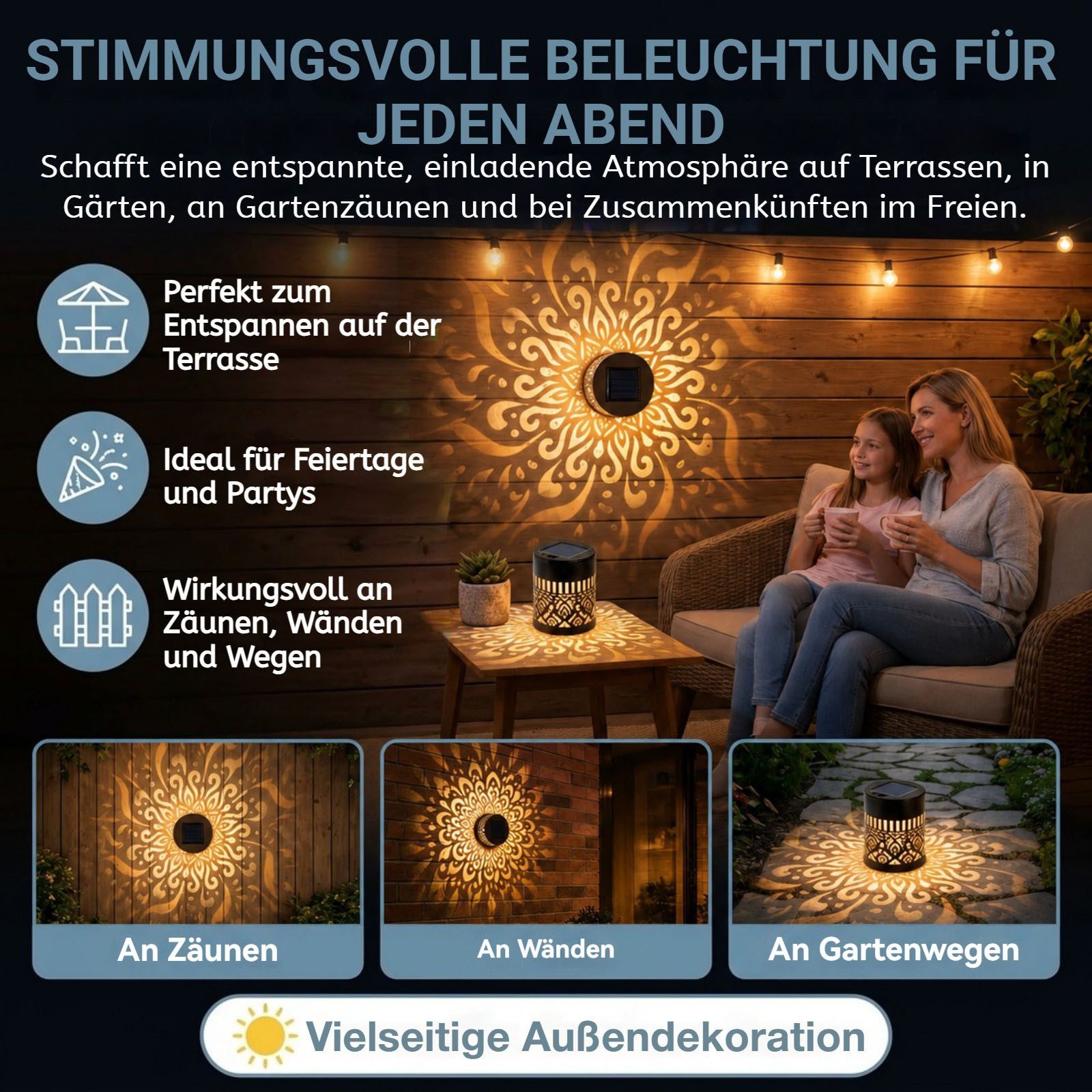 VIVIHEYDAY LED Außen-Wandleuchte Decorative Solar Mandala Lights,Solar Wandleuchte,Solarlampen, für Außen,Mandala Solar Lantern,LED Gartenleuchte, Wasserdichte  – Bild 4 von 5