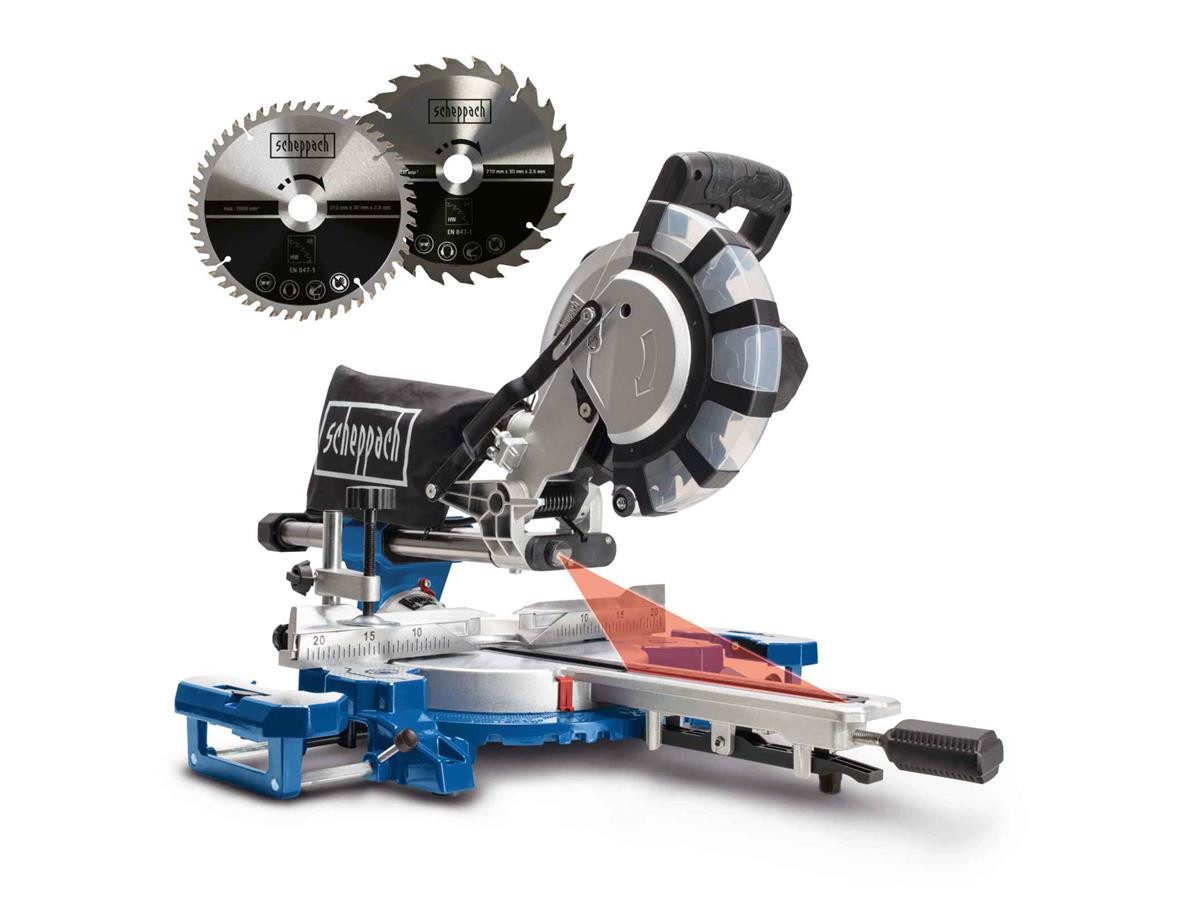 Scheppach Kapp-Zugsäge HM216SPX, Set, 3-St., 2000 W Motorleistung, inkl. 2 Sägeblätter mit 24 Zähnen und 48 Zähnen