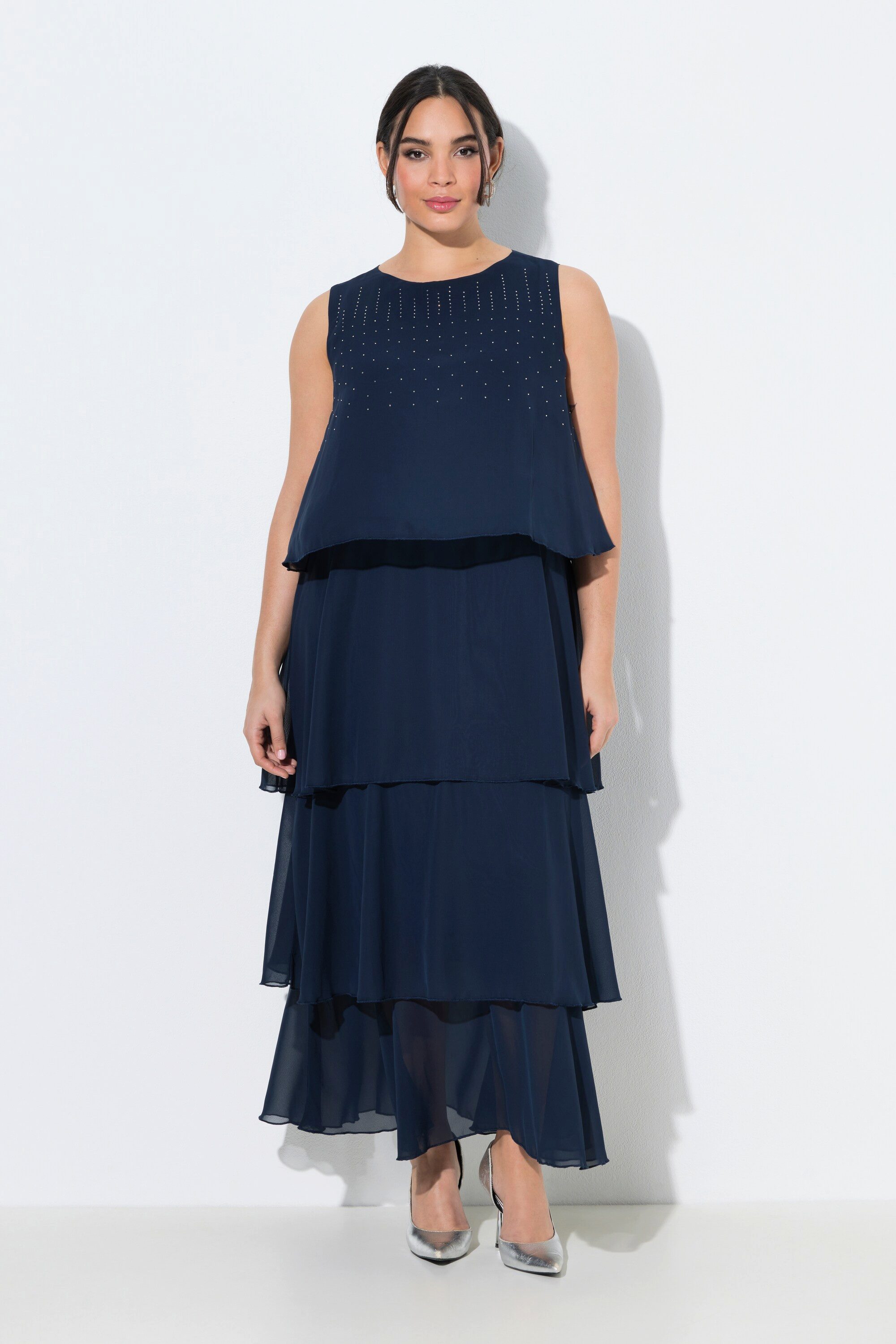 Ulla Popken Cocktailkleid Chiffon-Maxikleid Volants U-Boot-Ausschnitt