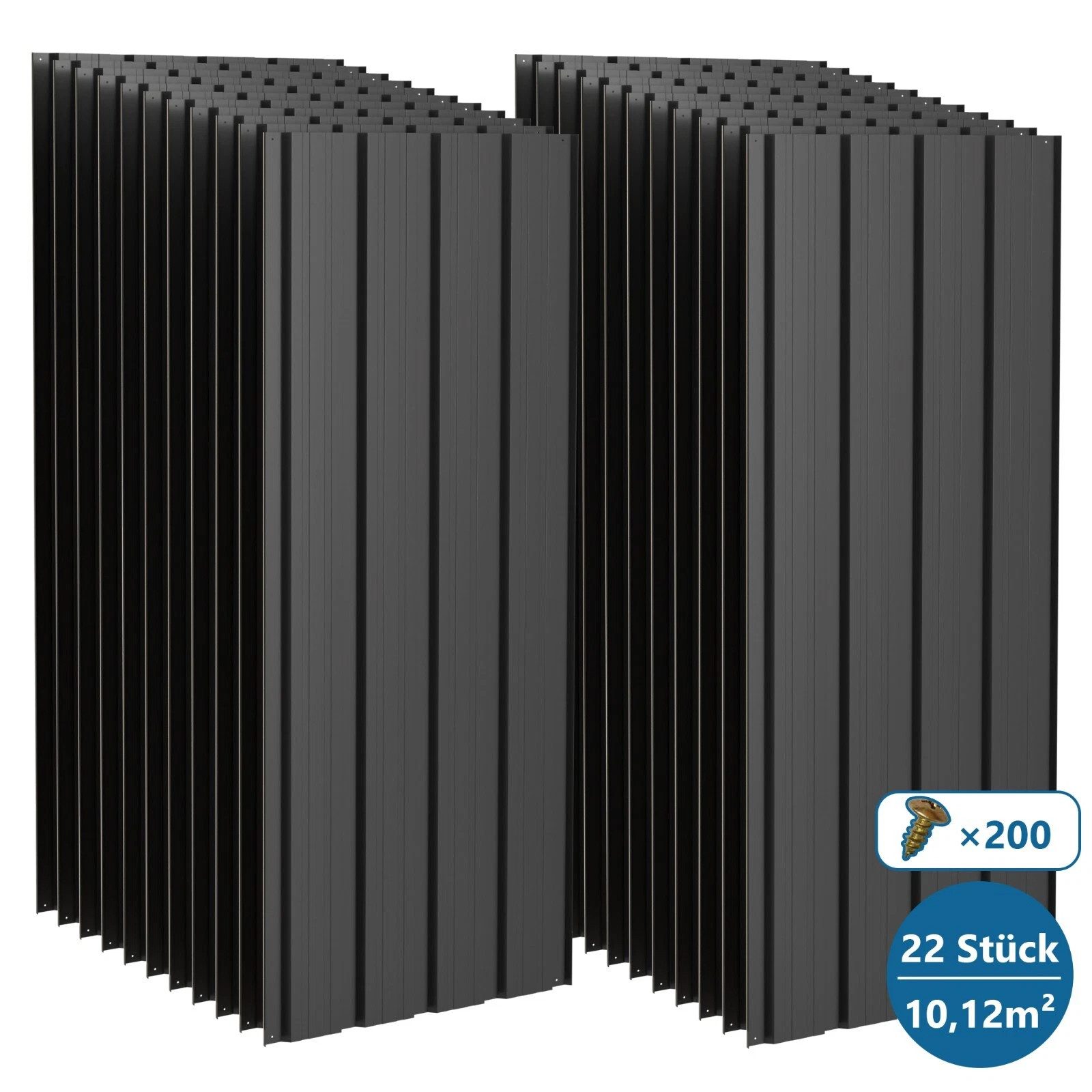 Bolwins Trapezblech 22x Profilblech 10m² Trapezblech Blech Metall Dachblech Dach Platten, Verzinkter und lackierter Stahl Verzinkt, schwarz lackiert, korrosionsschützend, witterungsbeständig, (Komplettset, Dach- und Wandprofil-Set 22-St. 22 Trapezbleche 108 × 42,6 cm, 200 Befestigungsschrauben) Verzinkt, lackiert, Wasserablaufrille, inkl. 200 Schrauben, robust