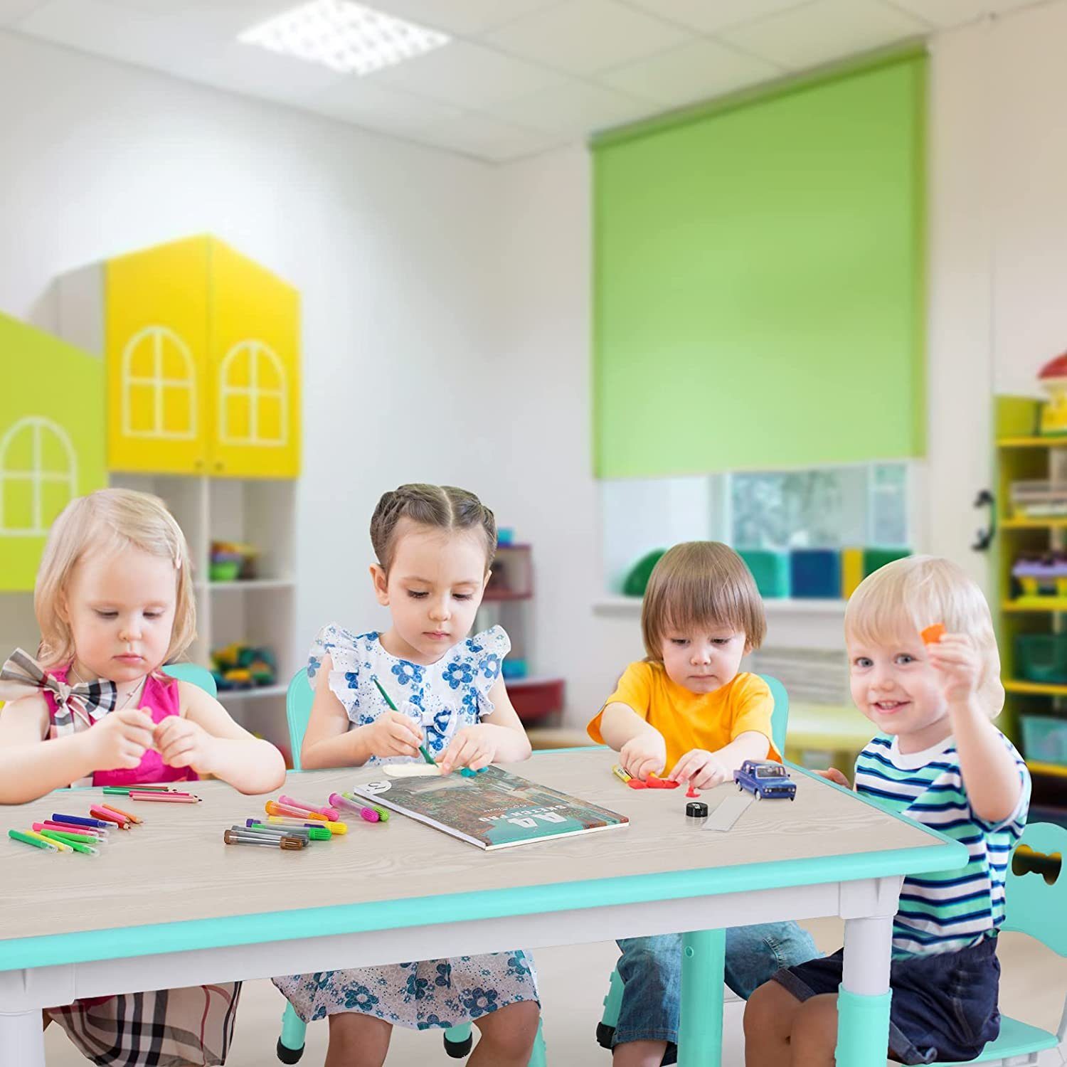 mit Kindersitzgruppe Set Kindertisch Stühlen, Tisch TLGREEN Stuhl 4 Minzgrün Höhenverstellbar