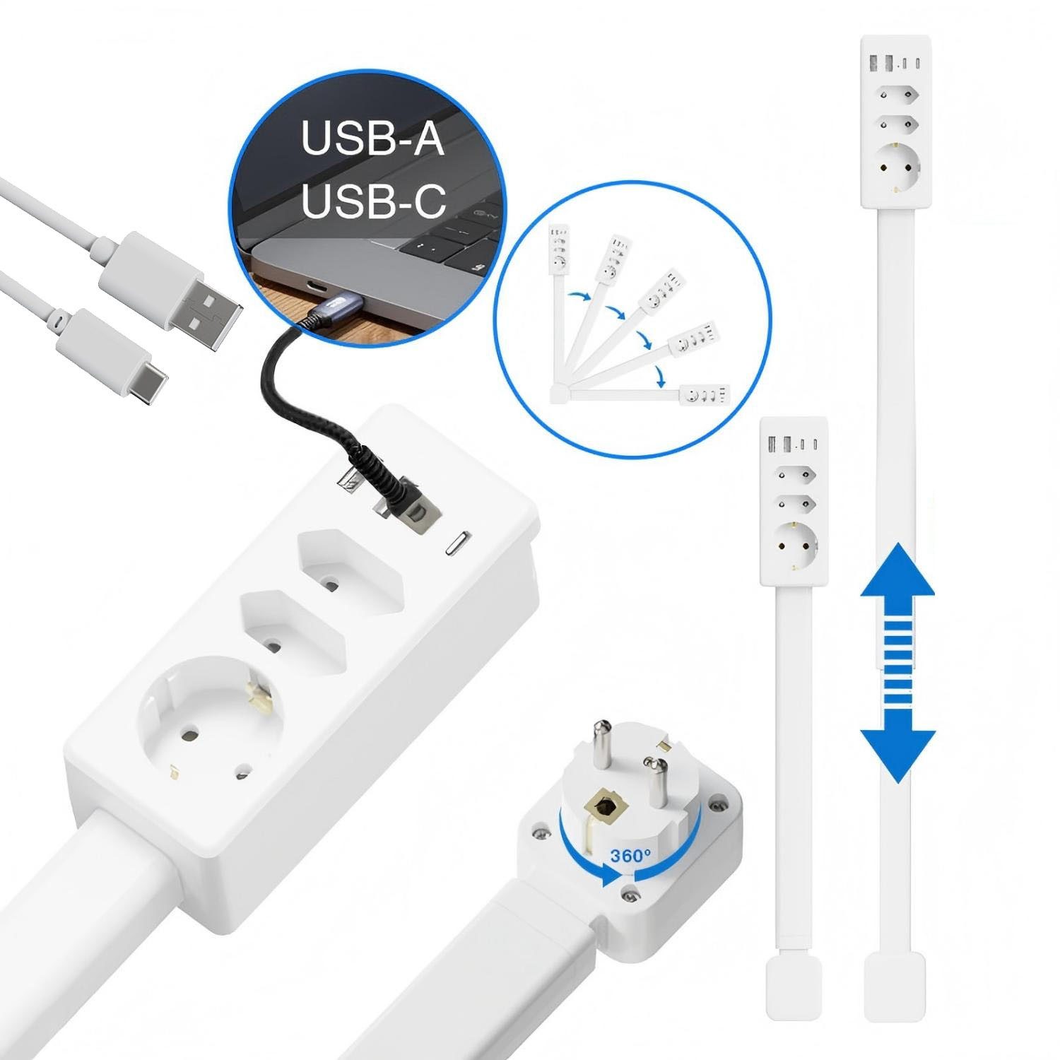 VIVIHEYDAY Steckdose Erweiterbare und Drehbar Steckdosenverlängerung (45-65/47-67 cm), 360° Schwenkbar, 3/4 Steckdosen, 2/3 USB-A & 2/3 USB-C Anschluss, für vielseitige Nutzung