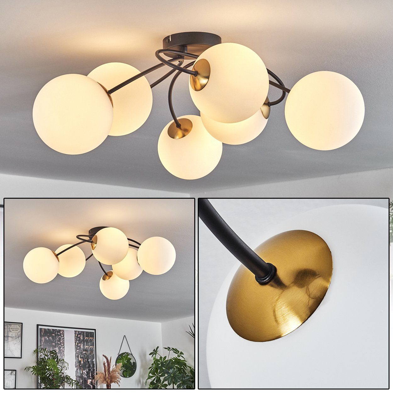 hofstein Deckenleuchte Deckenlampe aus Metall/Glas in Schwarz/Goldfarben/Milchglas, ohne Leuchtmittel, Leuchte im Retro-Design aus Glas, 6 x G9 LED, ohne Leuchtmittel