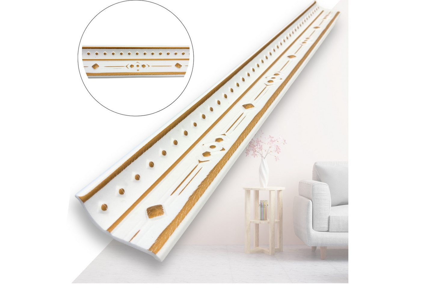 IKHEMalarka Deckenleiste Stuckleisten aus XPS Polystyrol – weiße Zierleisten 1 Meter, Kleben Montagekleber (z. B. Pattex DK Flex 1000), 1 Stück = 1 Meter Länge, 1-St., 1 Zierleiste, 1 Meter Länge, Styropor Leisten für Deckenstuck & Wanddeko