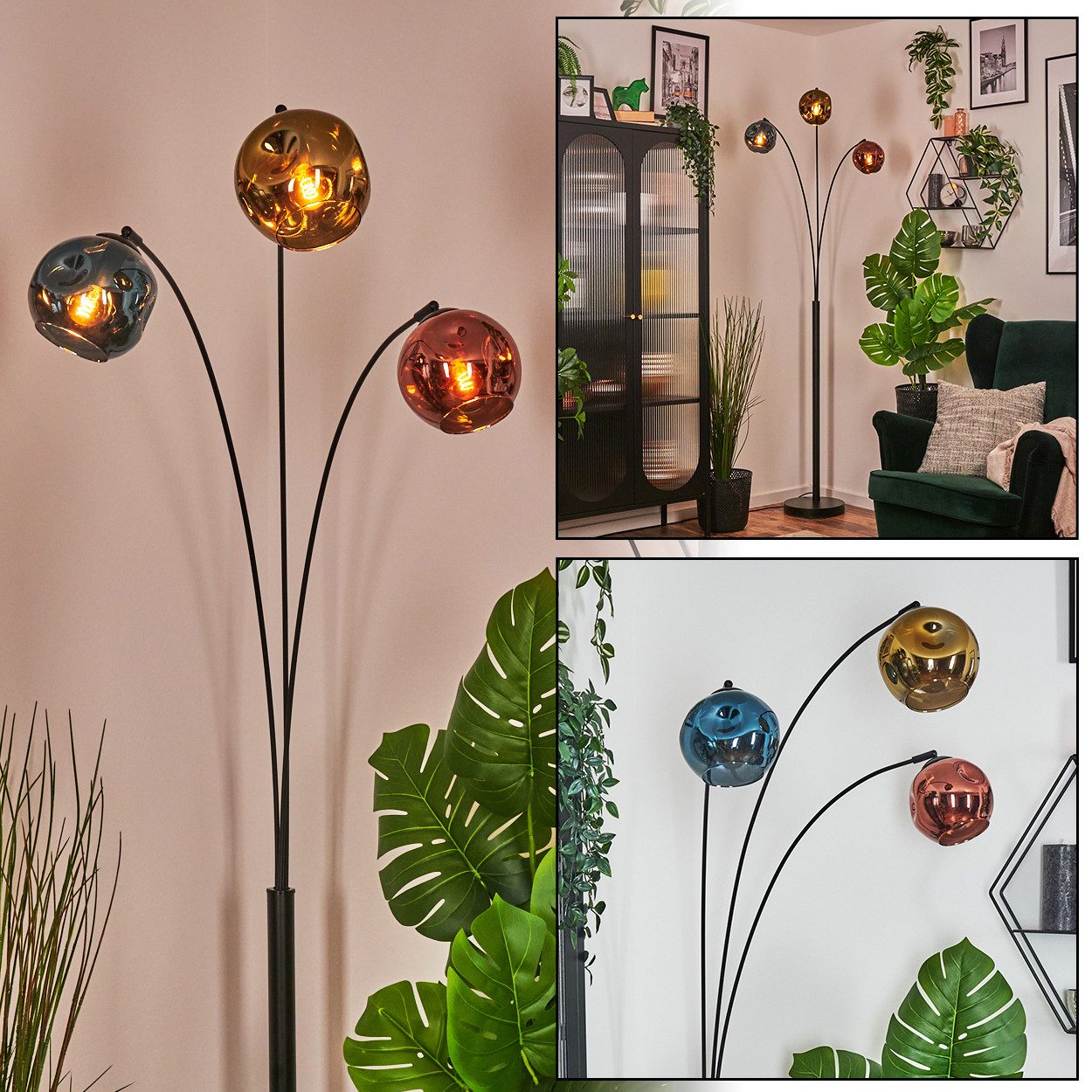 hofstein Stehlampe Stehlampe aus Metall/Glas in Schwarz/Blau/Gold-/Kupferfarben, verstellbare Stehleuchte im Vintage-Design, Fußschalter, 210 cm, 3xE14