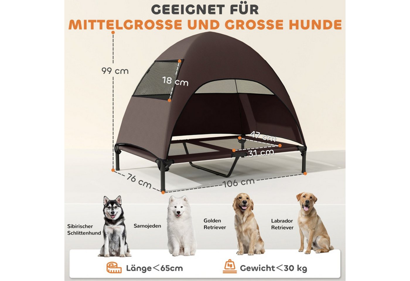Thumbnail - MC Star Hundebett Hundeliege Outdoor mit Dach, Erhöhtes Hundebett für Große Hunde, 106 x 76 x 99 cm, Kaffee