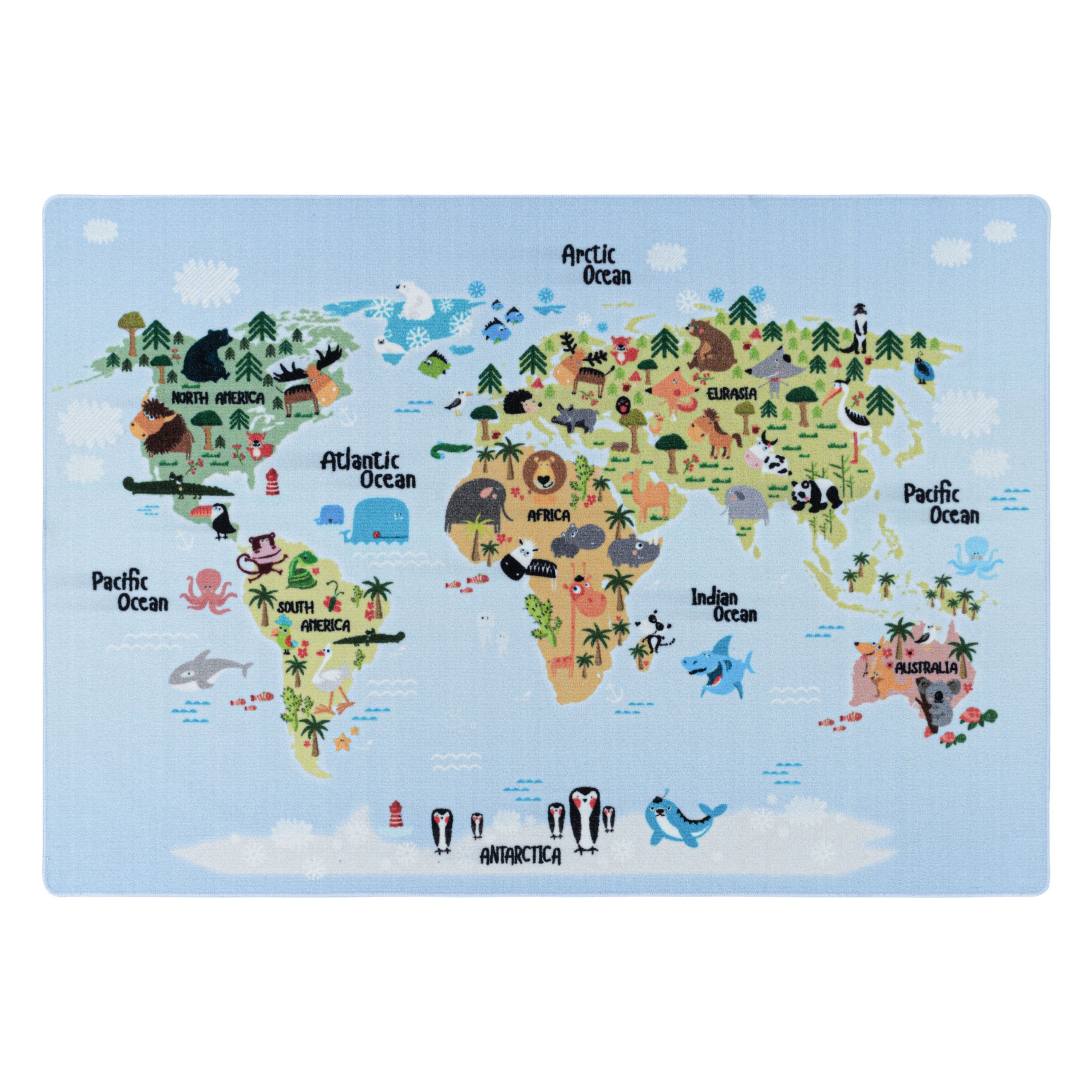 Teppich Weltkarte mit Tierdesign, Teppium, Rechteckig, Höhe: 7 mm, Kinderteppich Weltkarte mit Tierdesign Teppich Kinderzimmer Rutschfest
