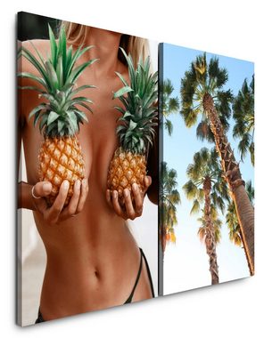 Sinus Art Leinwandbild 2 Bilder je 60x90cm Bikini Sexy Ananas Palmen Süden Traumurlaub Sommer